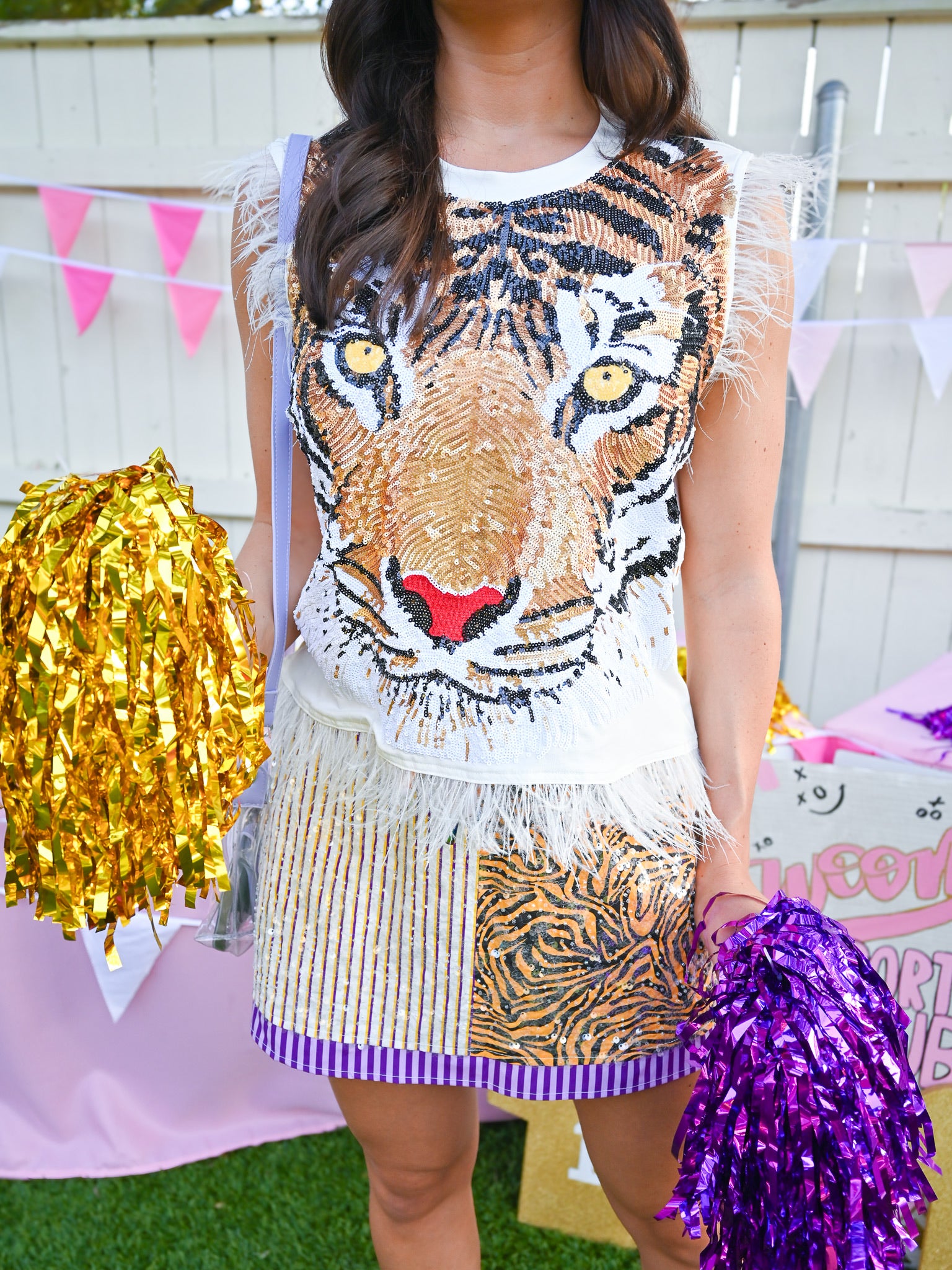 Tiger print sequin tank with feather trim
