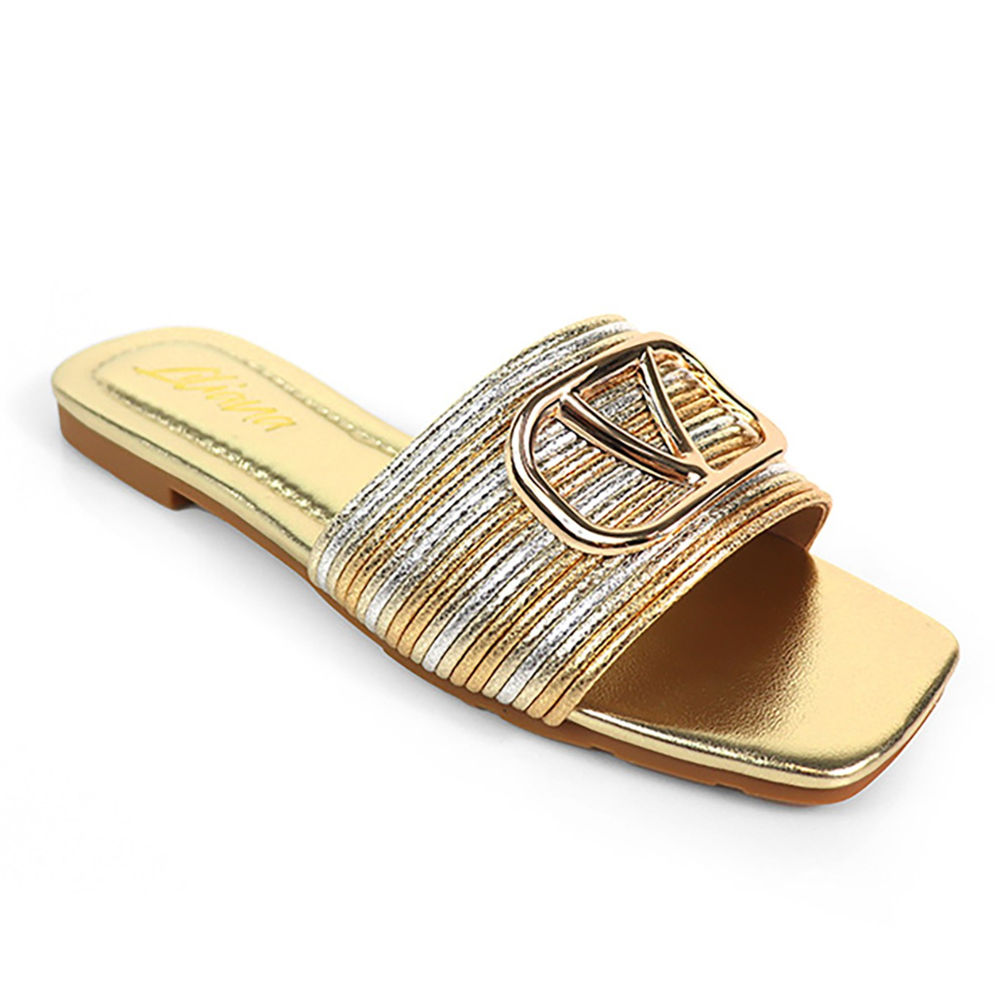 Kyra Metallic Stripe Buckle Slide Sandal