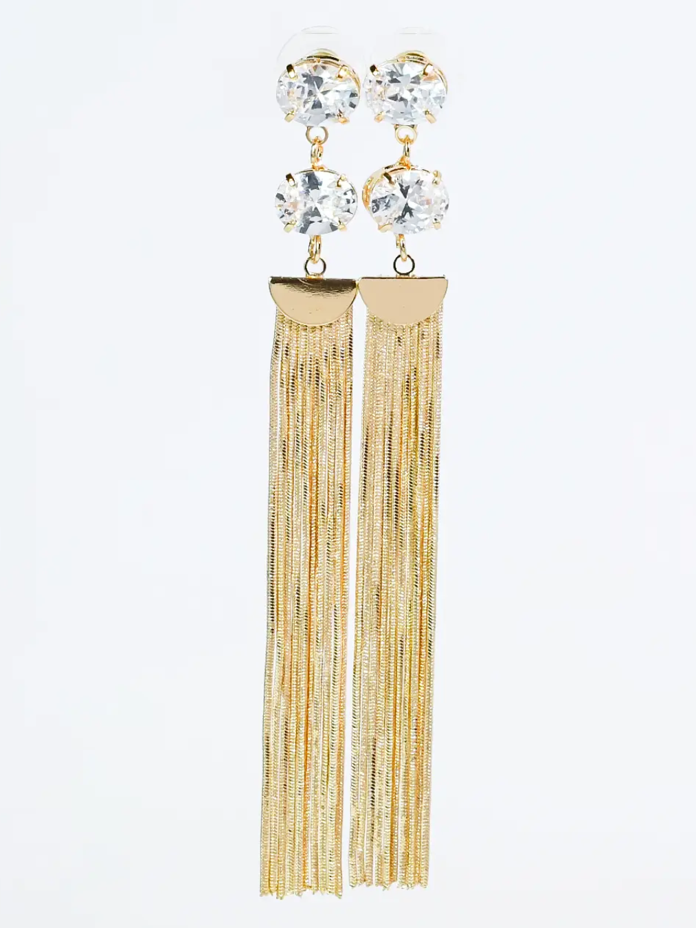 Crystal Fringe Statement Earrings with oversized crystal studs and gold chain fringe