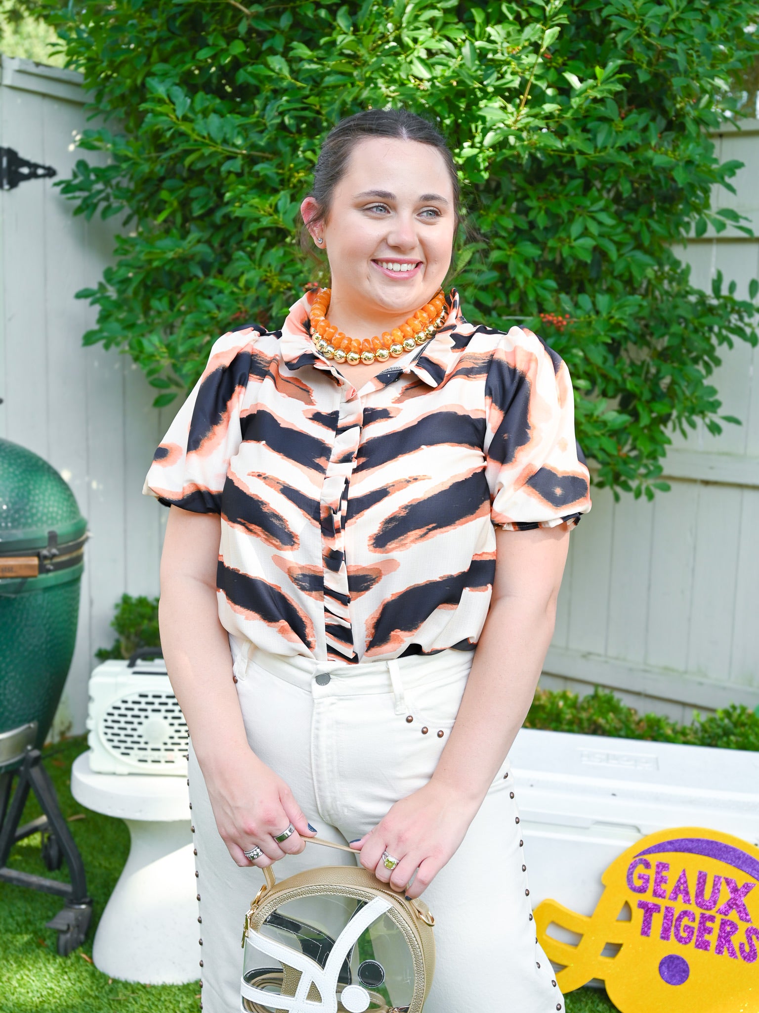 Tiger print puff sleeve blouse with ruffle trim