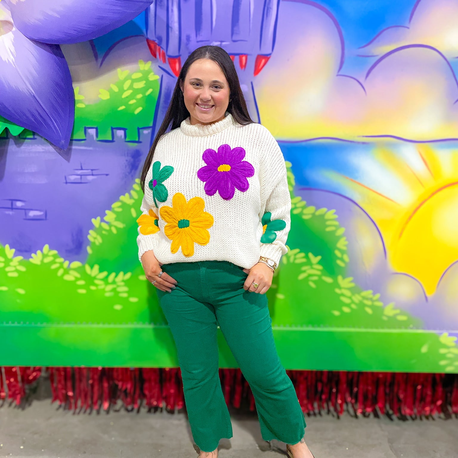 Mardi Gras Embroidered Flowers Sweater