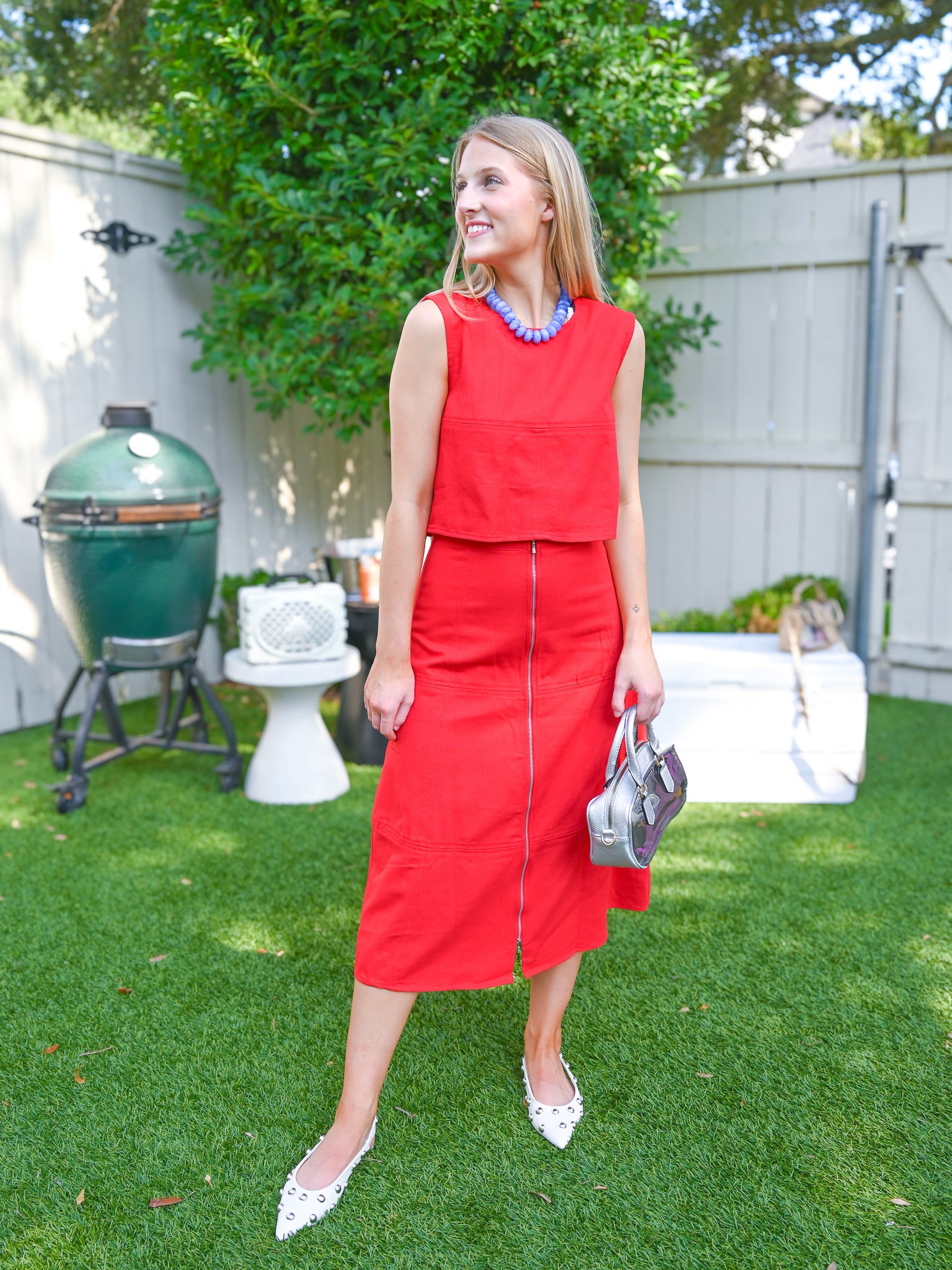 Red denim midi skirt with front zipper