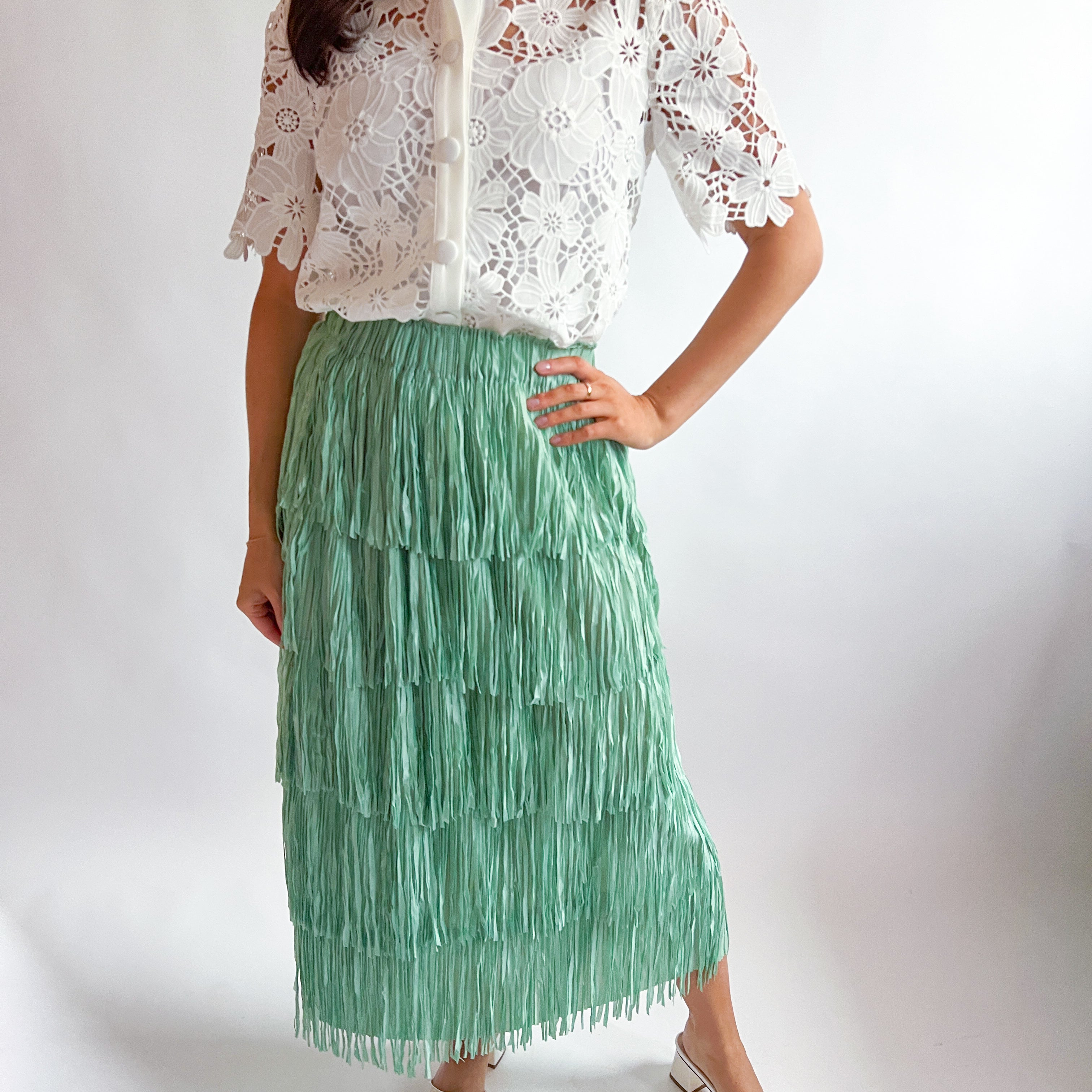 Fringed High Waist A-Line Tiered Skirt