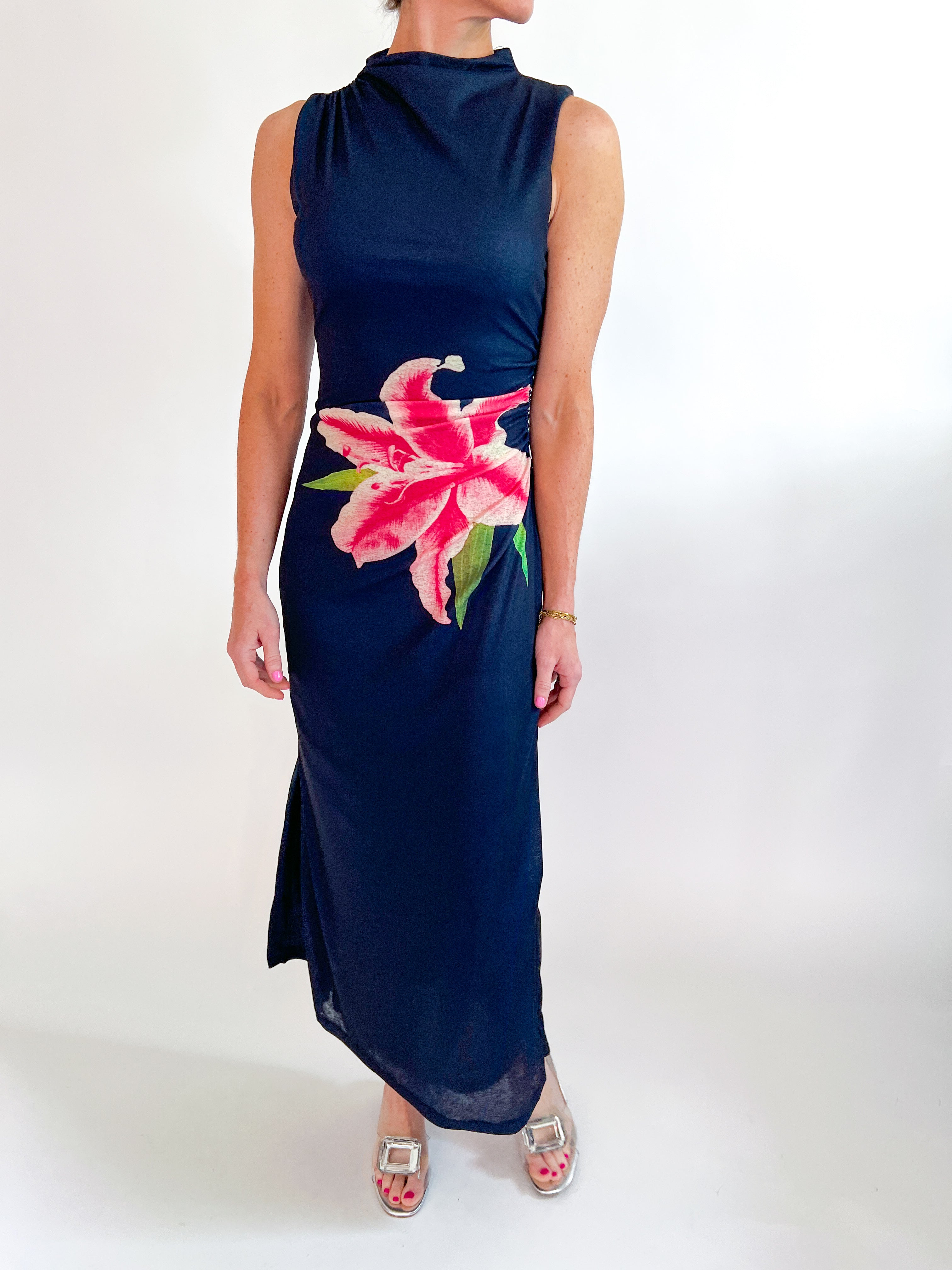 Navy ruched midi dress with oversized floral print and high neckline