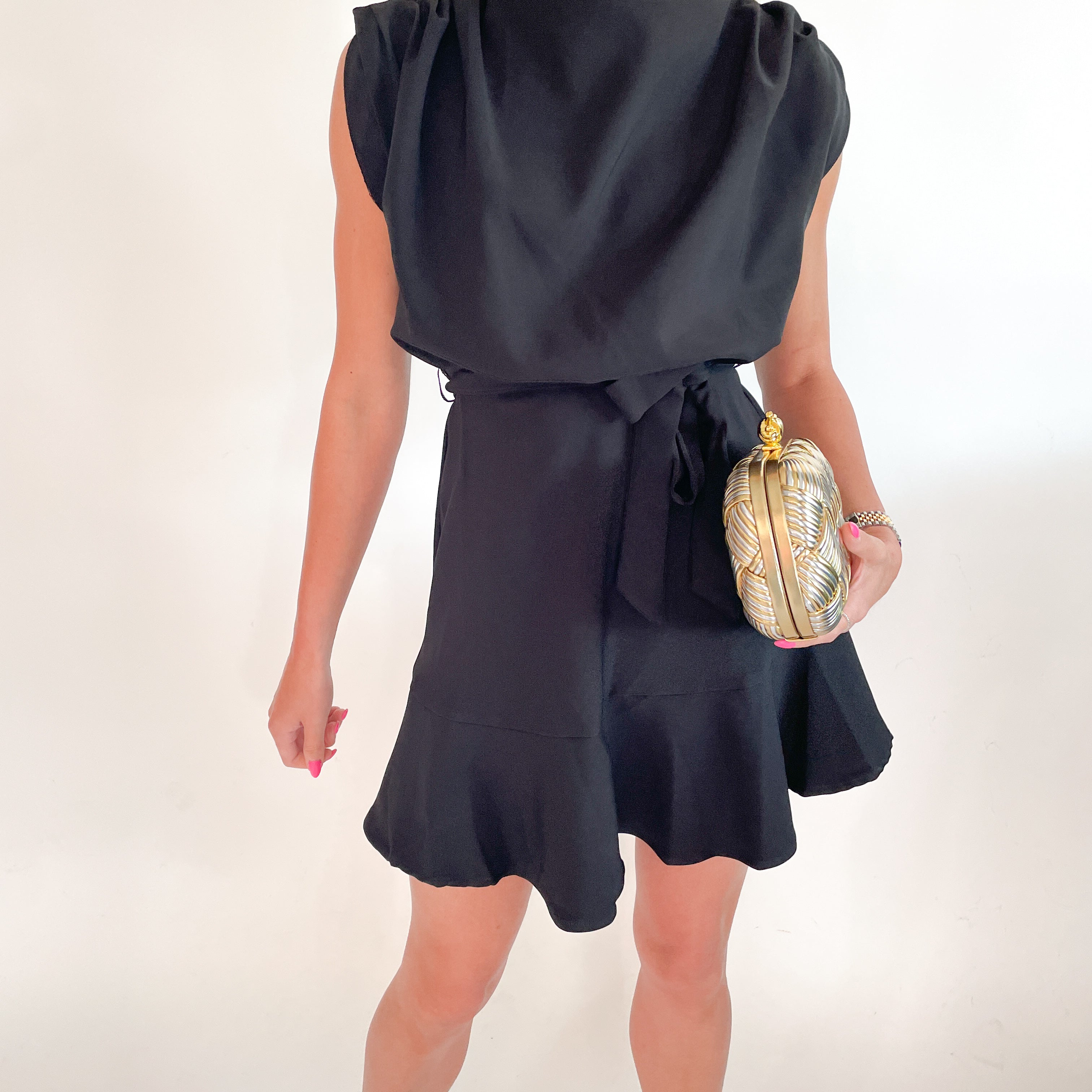 Cowl Neck Sleeveless Waist Tie Mini Dress