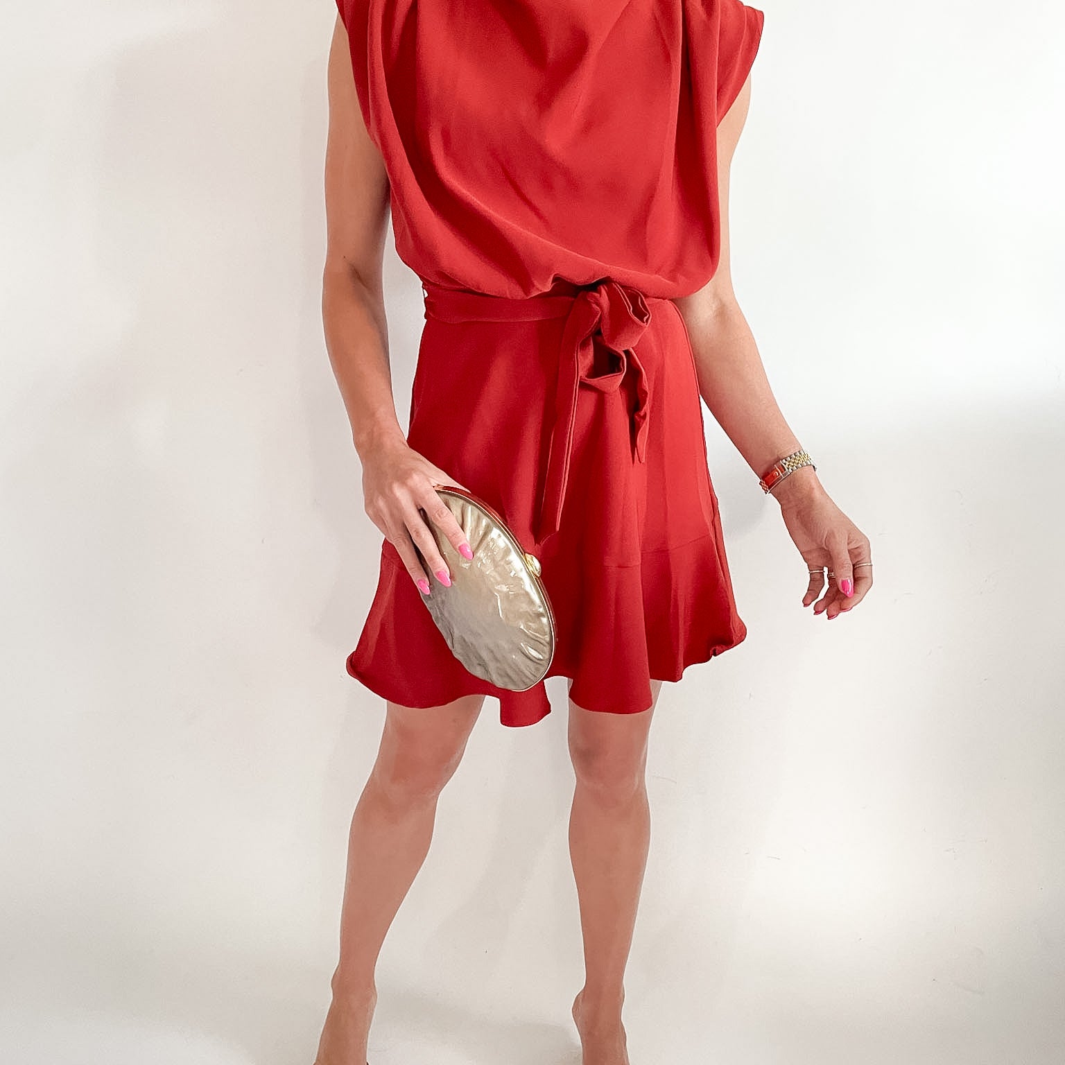 Cowl Neck Sleeveless Waist Tie Mini Dress