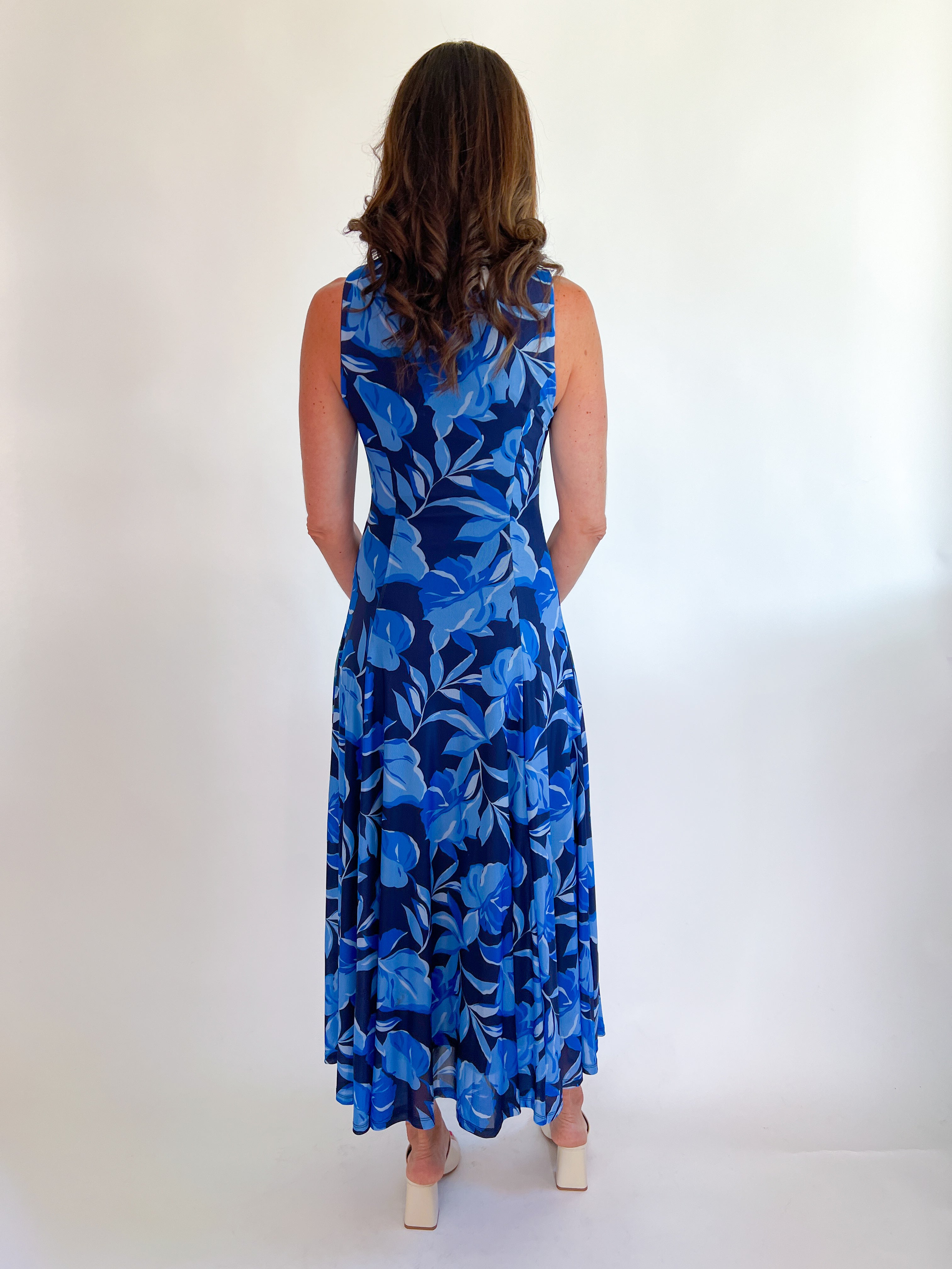 a woman in a blue dress