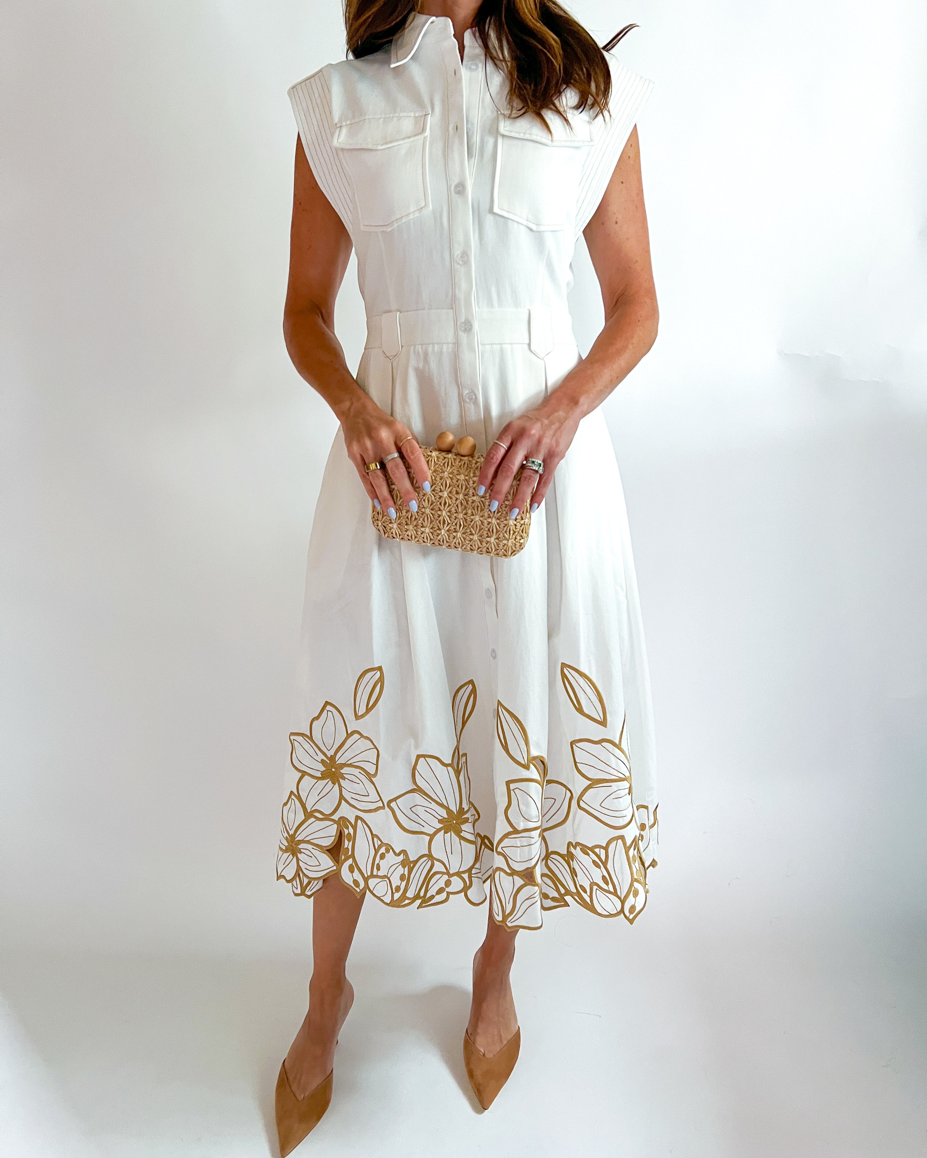 White midi shirt dress with floral cut-out embroidered hem