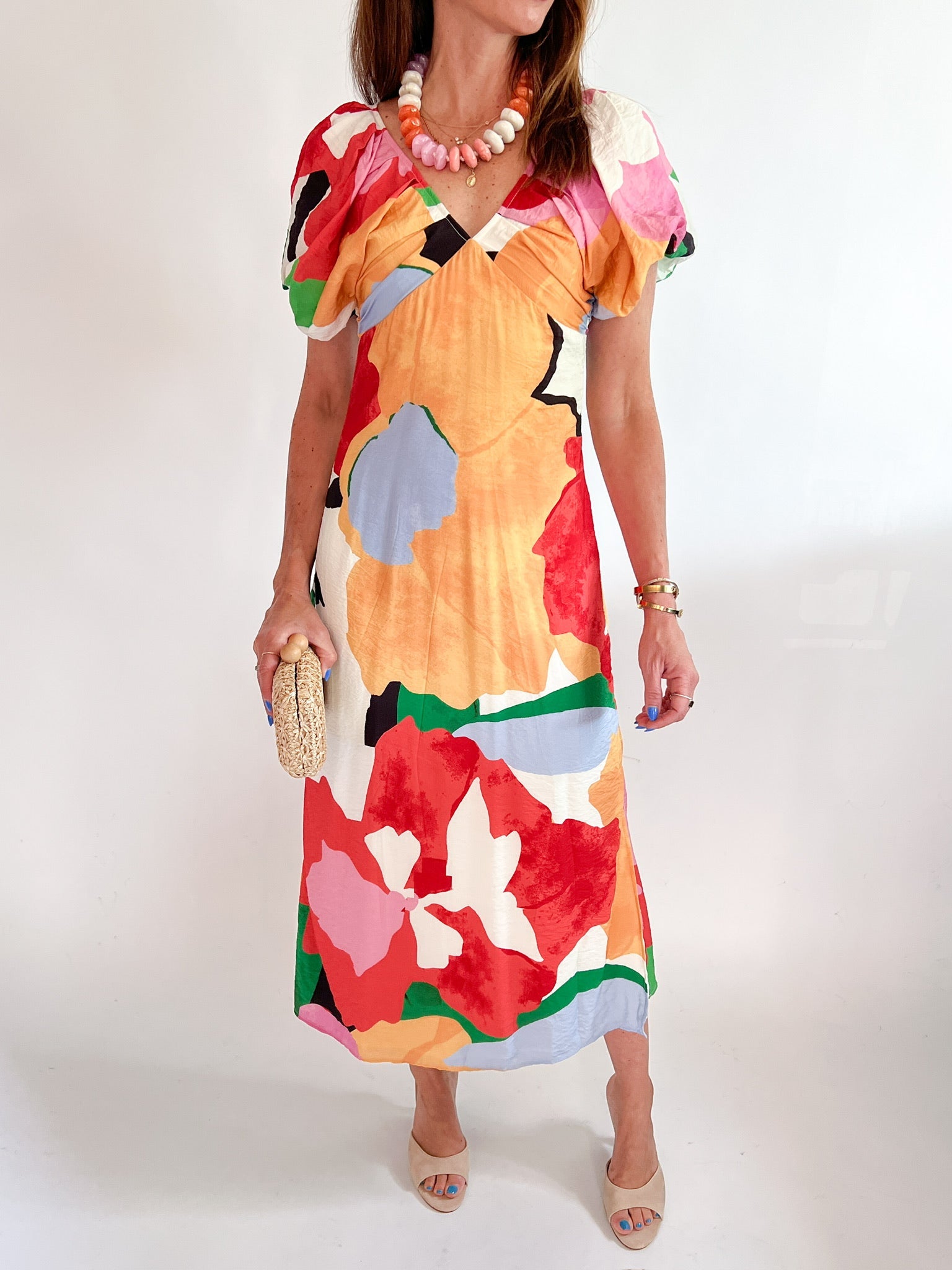Abstract Print Puff Sleeve Midi Dress - Swoon Boutique New Orleans