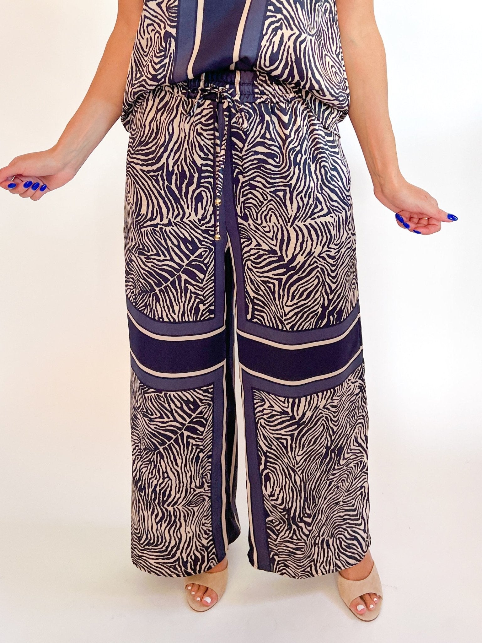Blue animal print wide leg pants