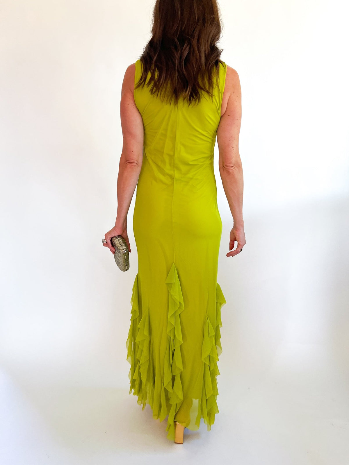 Green ruffle-trim maxi dress with a fitted bodice