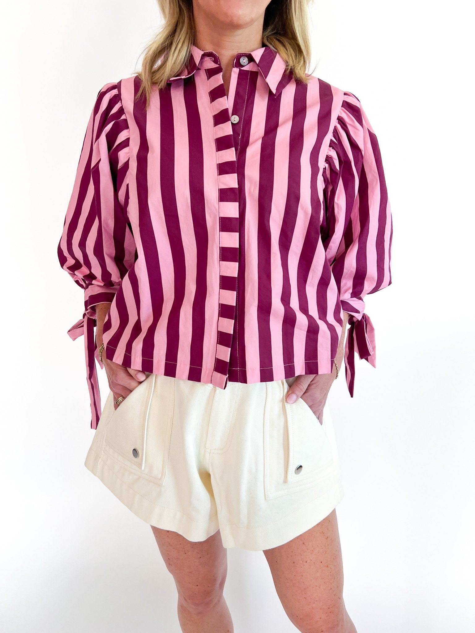 Striped puff sleeve blouse with button front