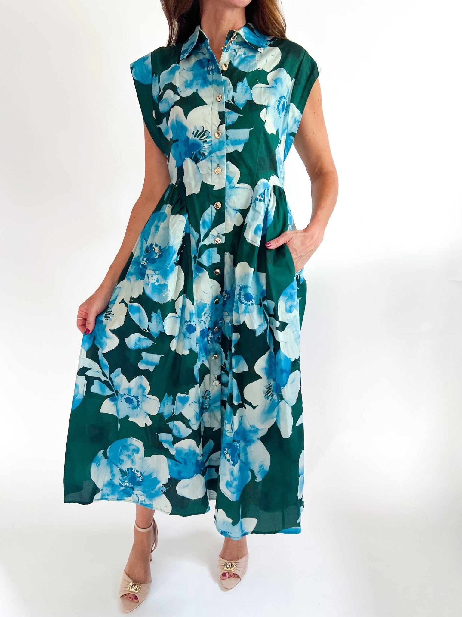 Blue Blossom Button Front Midi Dress - Swoon Boutique New Orleans