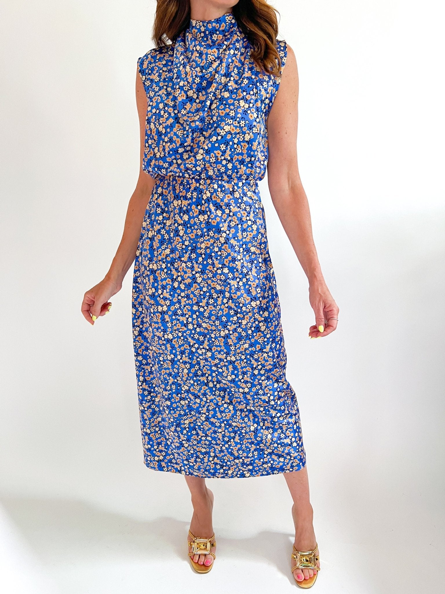 Blue floral draped midi top and skirt matching set
