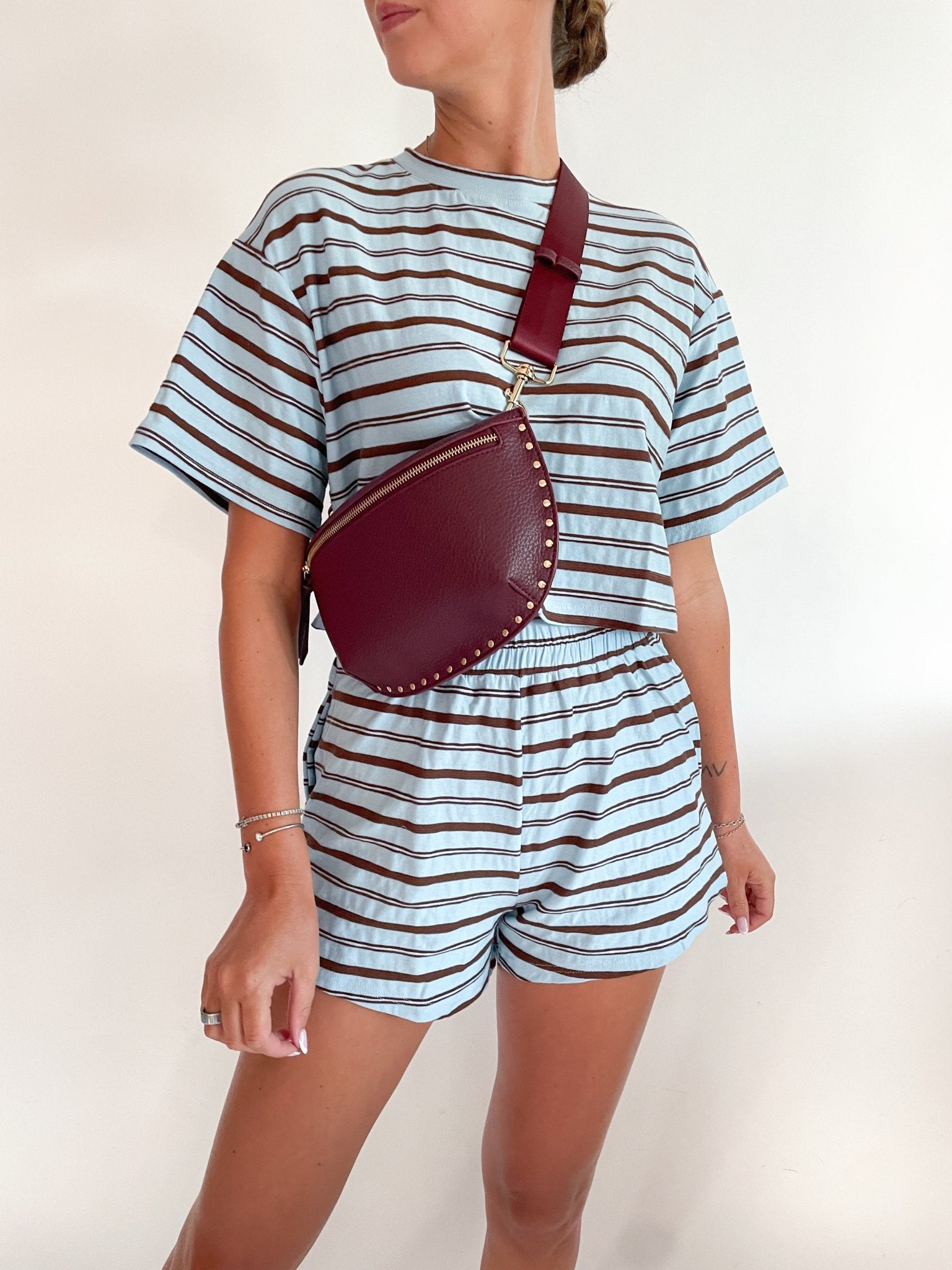 Blue and brown striped shorts with elastic waist