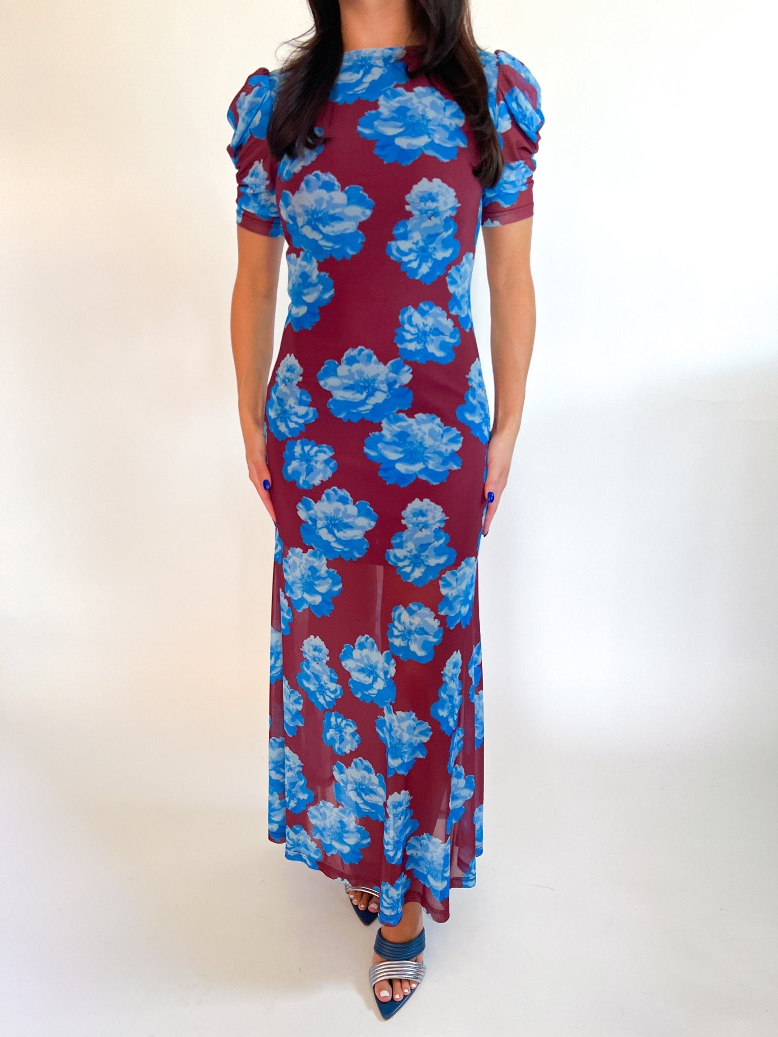 Blue floral mesh midi dress with sheer hem