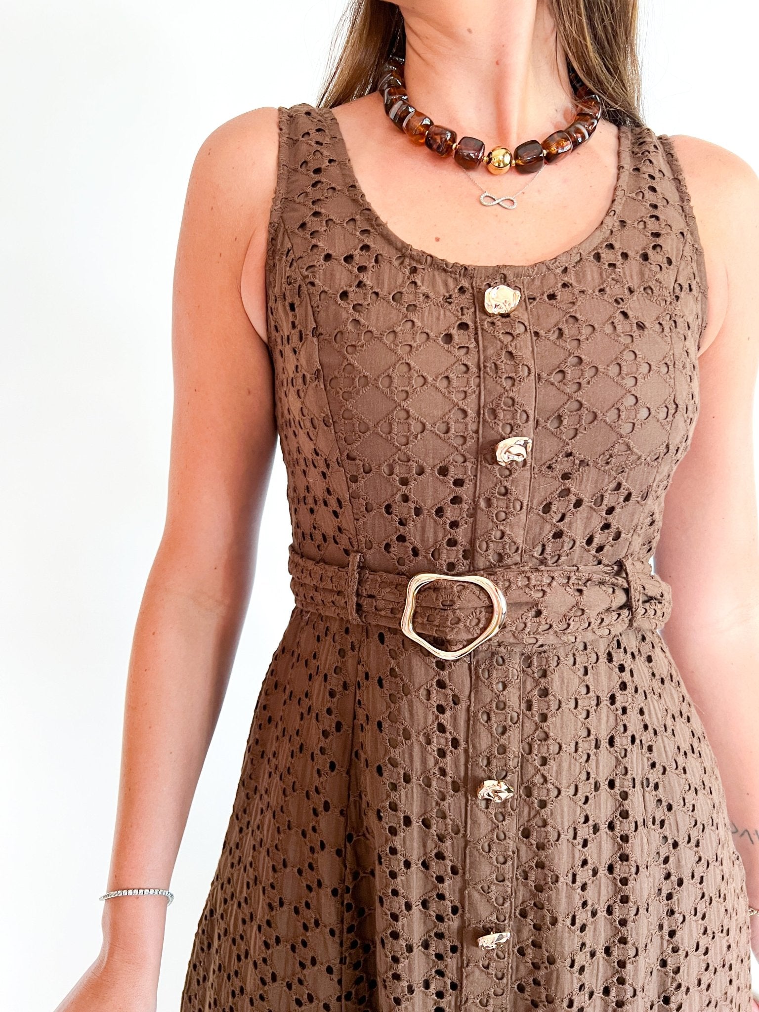 Button Down Eyelet Sleeveless Midi Dress - Swoon Boutique New Orleans