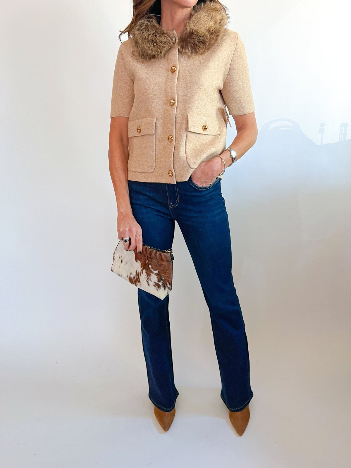 Camel Faux Fur Trim Cardigan - Swoon Boutique New Orleans