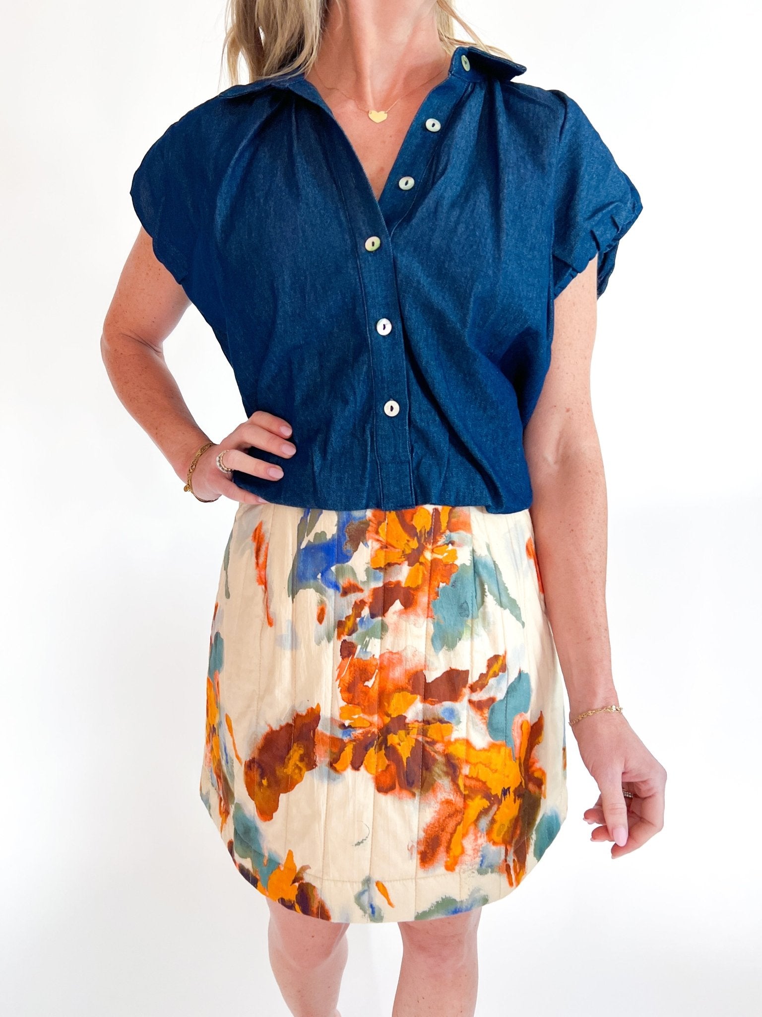 Chambray Puff Sleeve Button Down Top - Swoon Boutique New Orleans