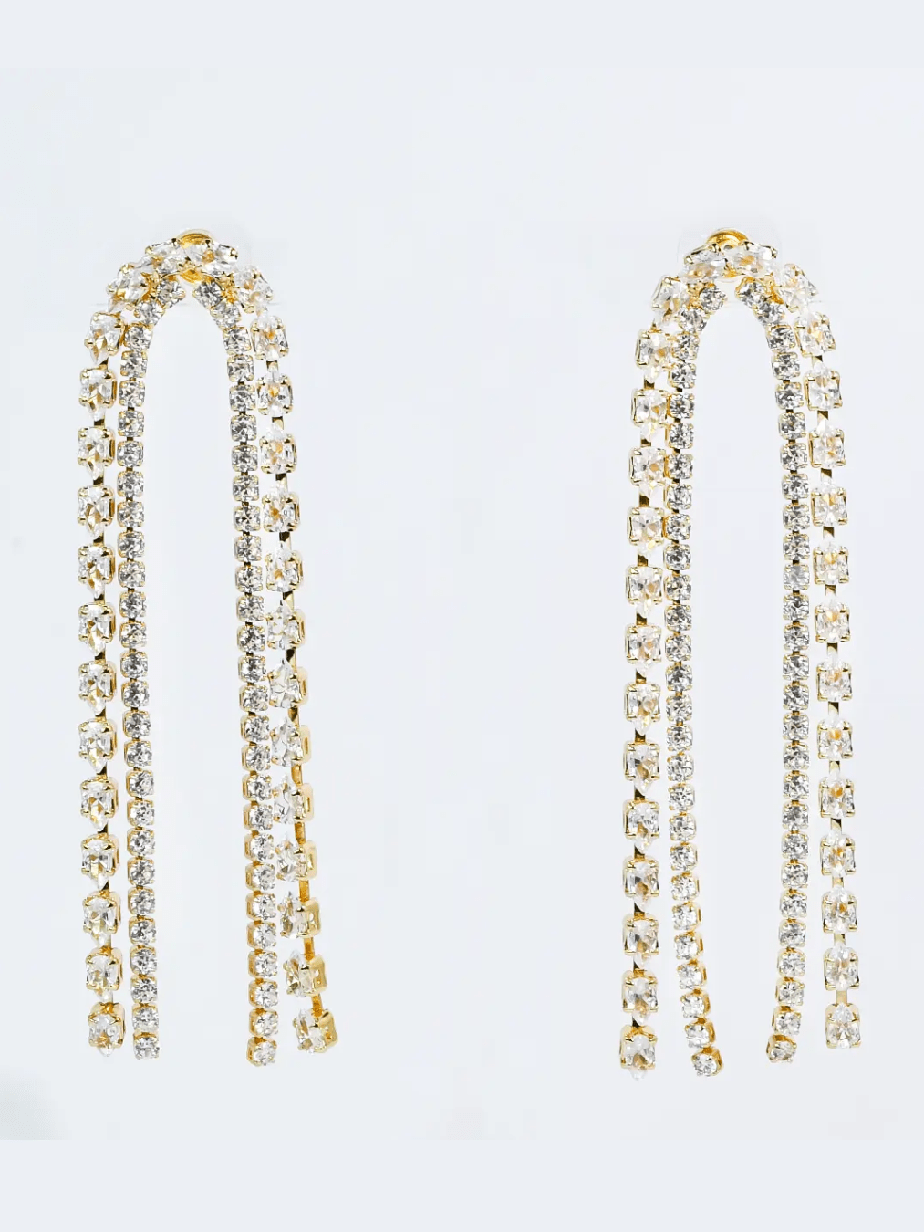 Crystal Cascade Statement Earrings with cascading rhinestone rows on curved bar