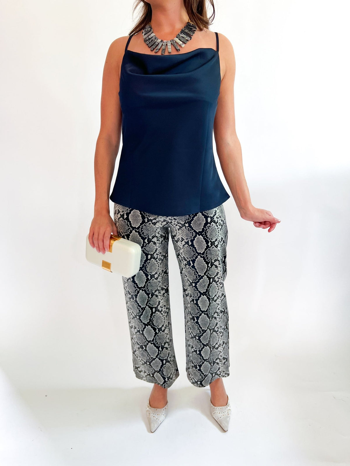 Deep Navy Satin Cowl Neck Cami - Swoon Boutique New Orleans