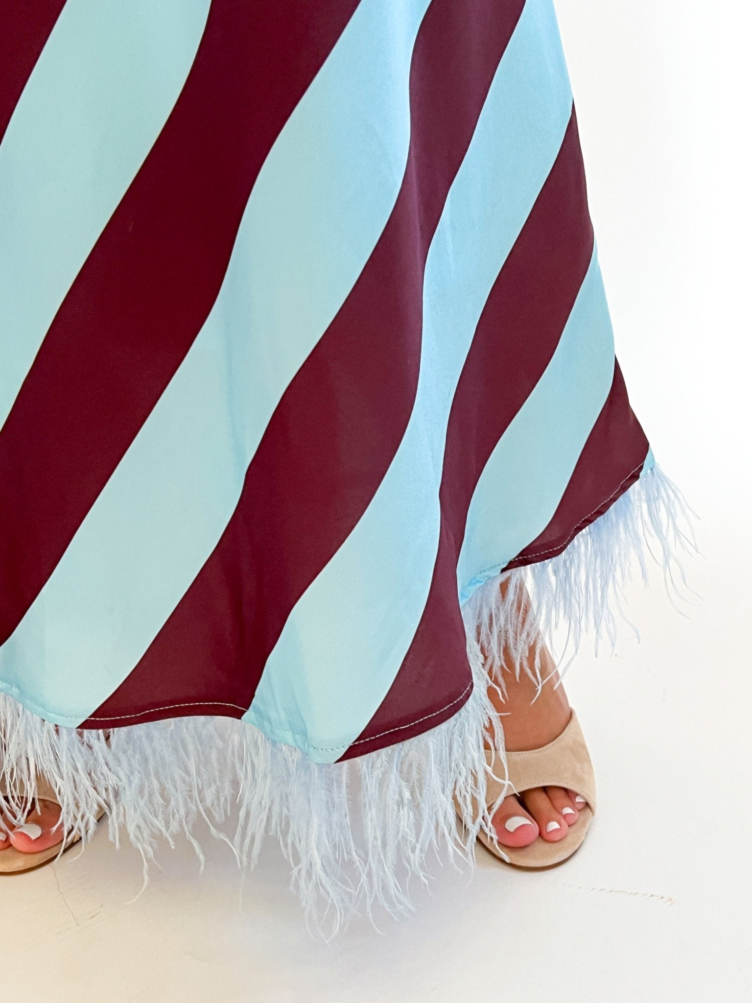 Diagonal Stripe Feather Hem Maxi Dress - Swoon Boutique New Orleans