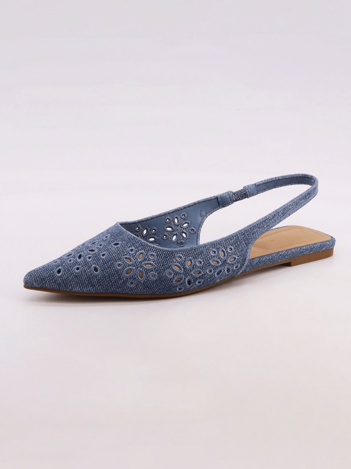 Blue denim embroidered slingback flats with floral detail