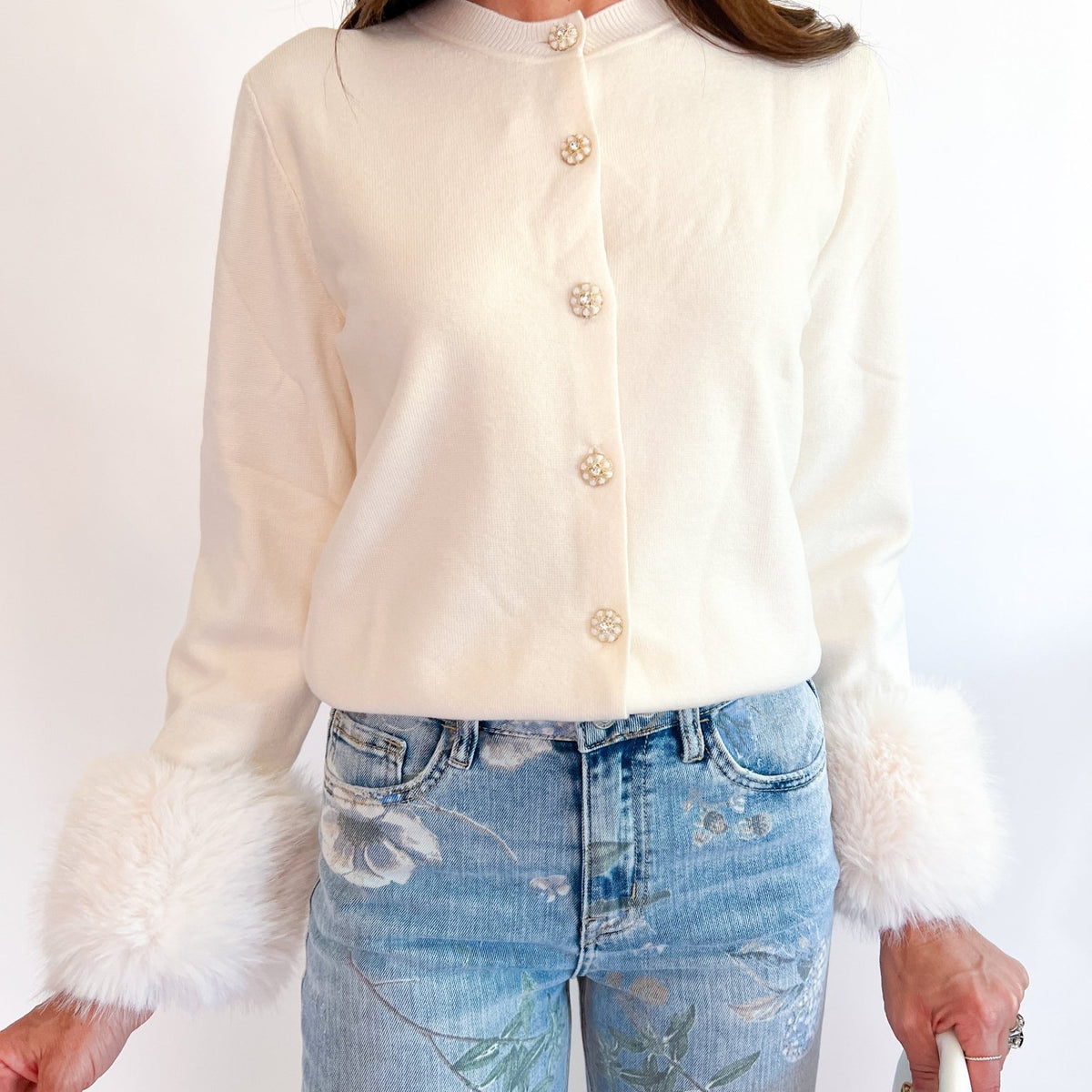 Faux Fur Cuff Embellished Cardigan - Swoon Boutique New Orleans