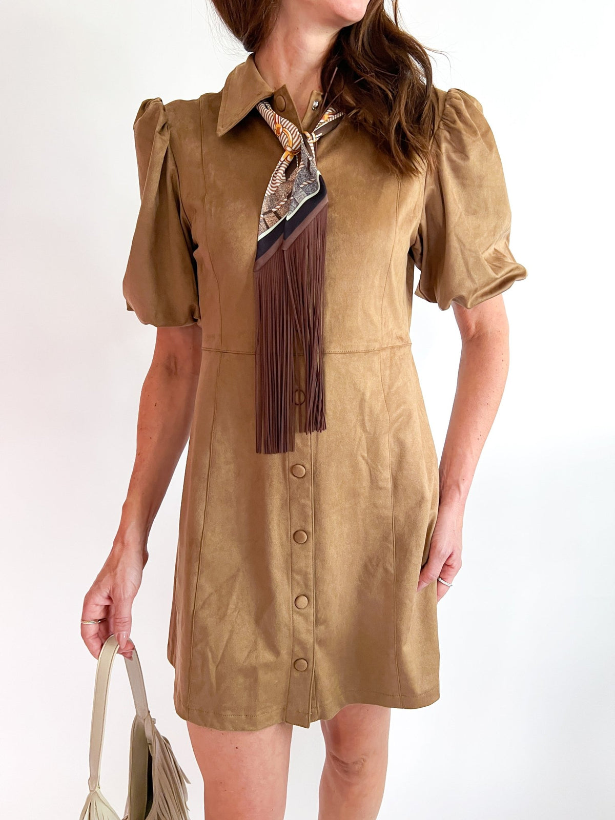 Faux Suede Puff Shoulder Dress - Swoon Boutique New Orleans