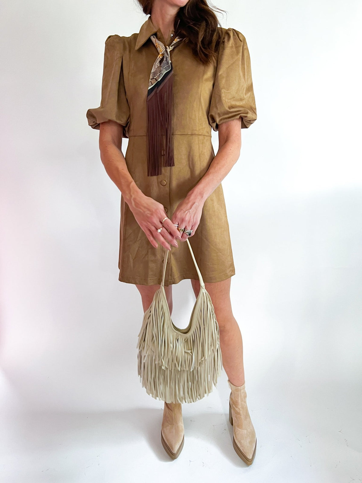 Faux Suede Puff Shoulder Dress - Swoon Boutique New Orleans