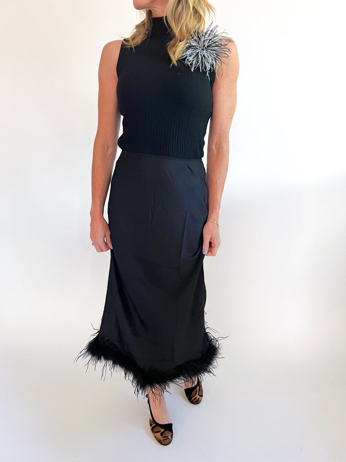 Feather Trim Midi Slip Skirt - Swoon Boutique New Orleans
