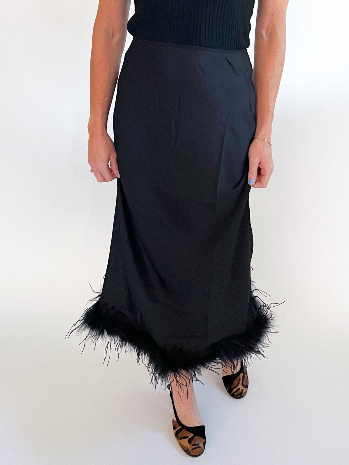 Feather Trim Midi Slip Skirt - Swoon Boutique New Orleans
