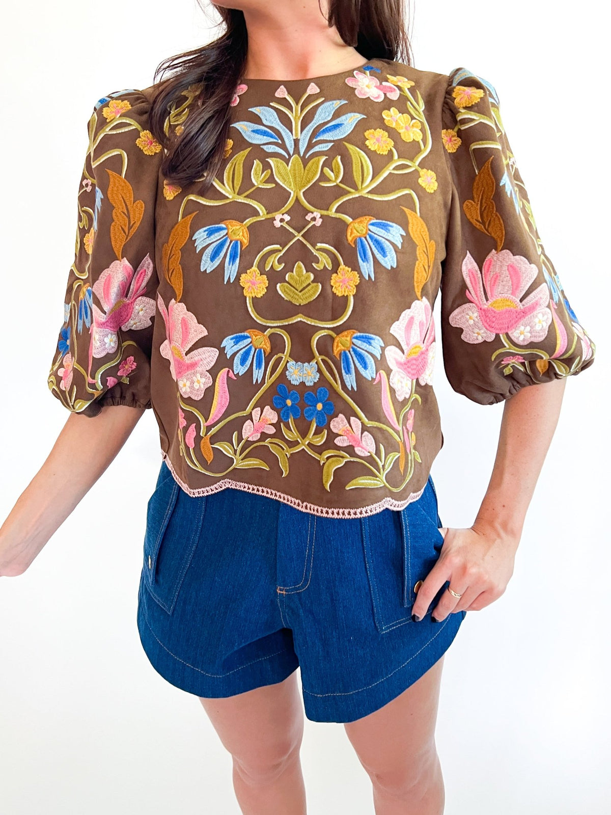 Floral Embroidered Puff Sleeve Top - Swoon Boutique New Orleans