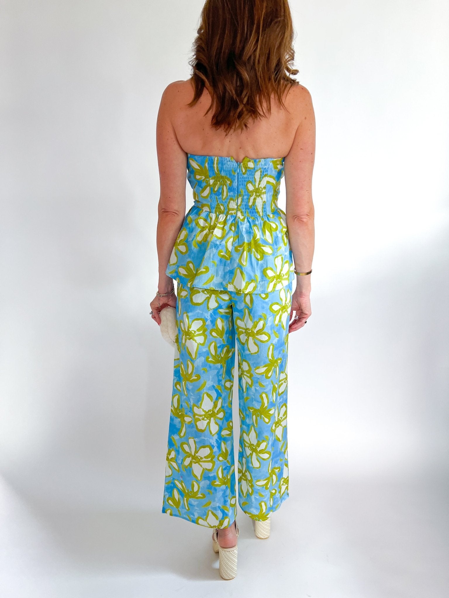 Floral strapless peplum top with wide-leg pants