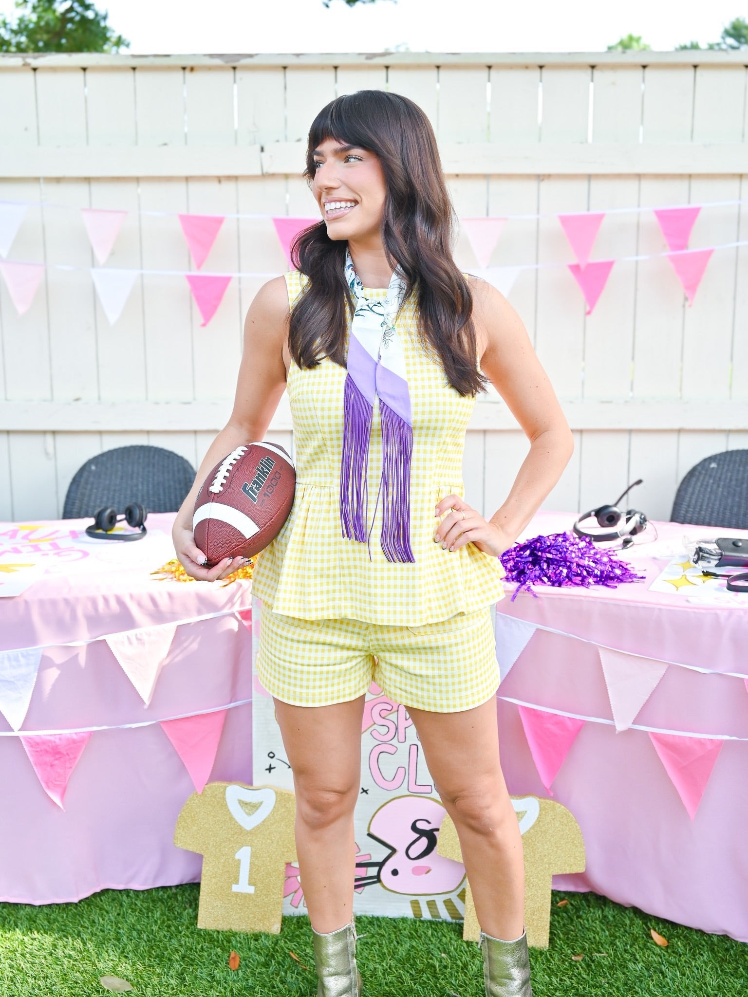 Gold gingham peplum top and shorts set