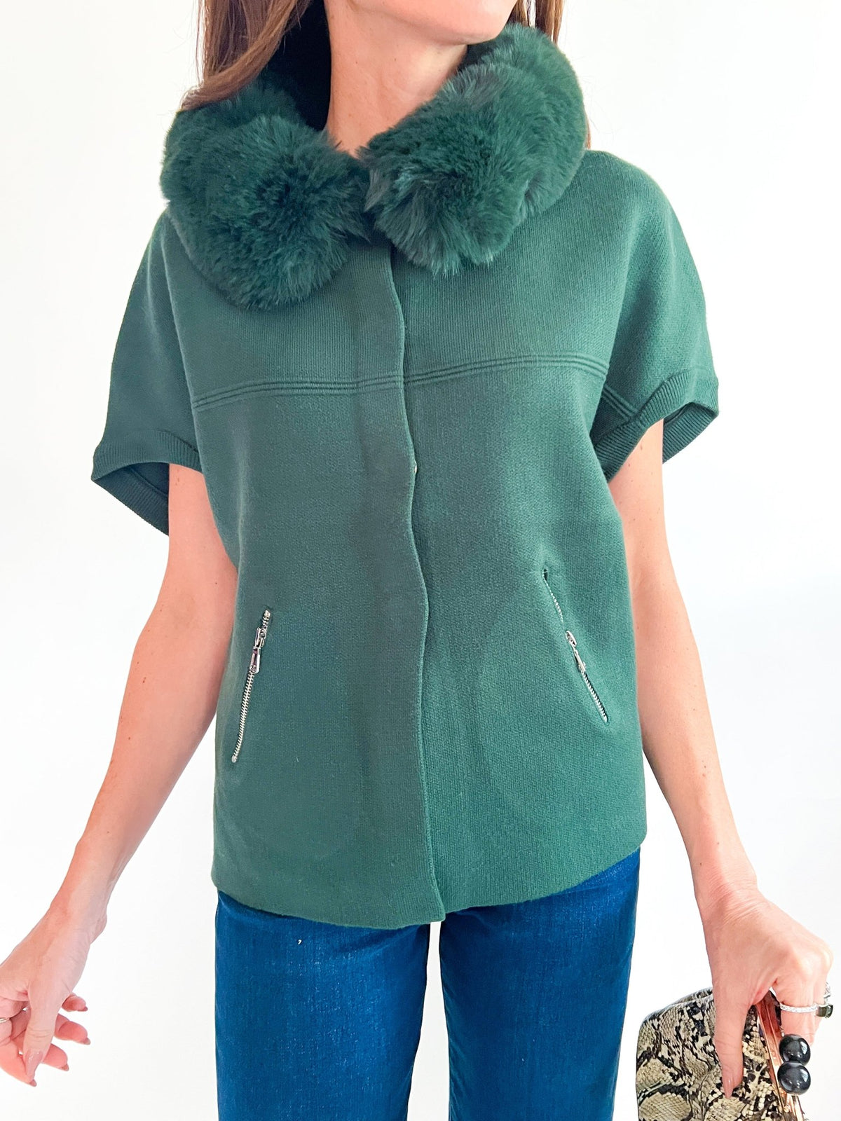 Green Faux Fur Trim Cardigan - Swoon Boutique New Orleans