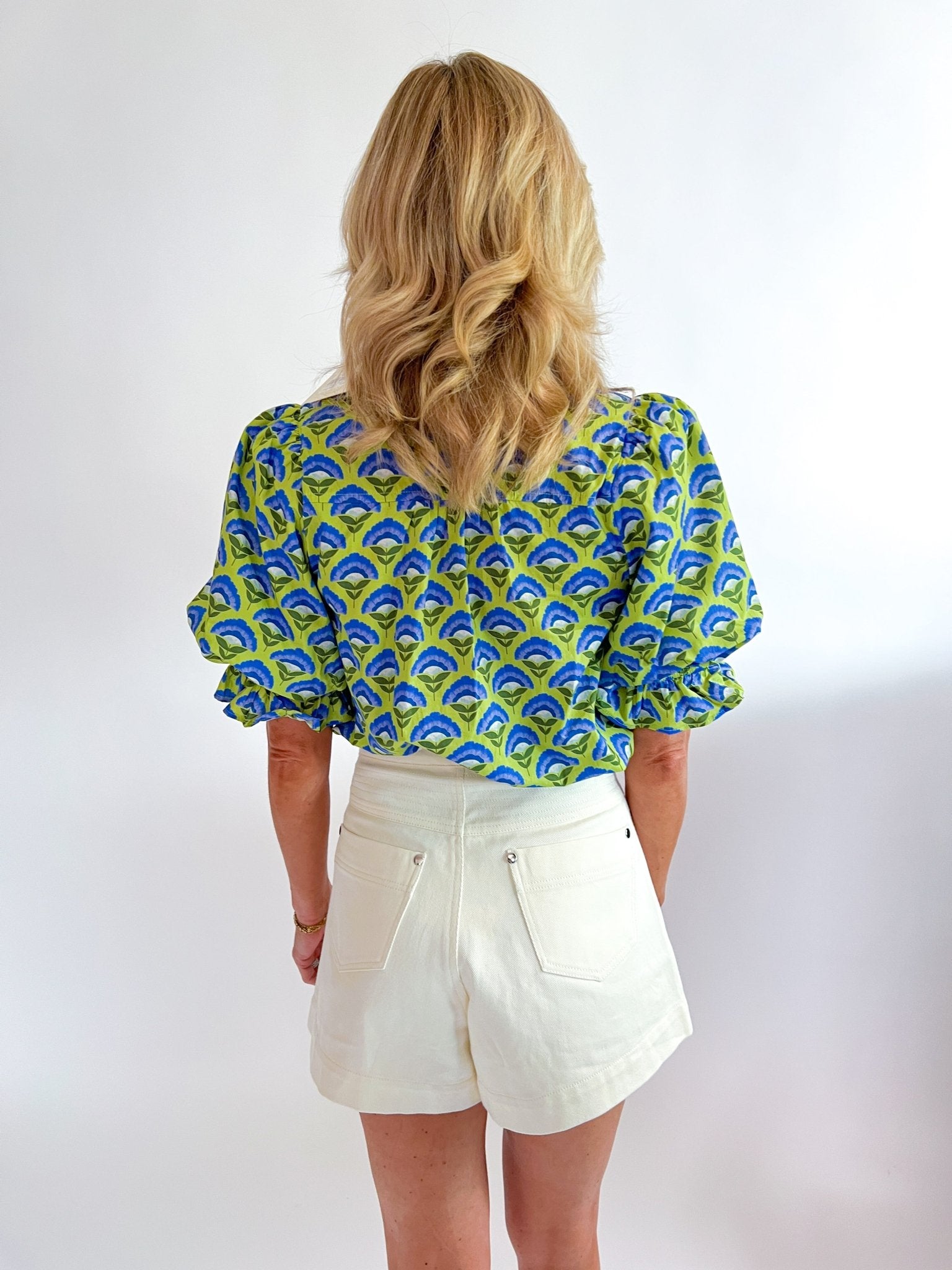 Green Geometric Puff Sleeve Top - Swoon Boutique New Orleans