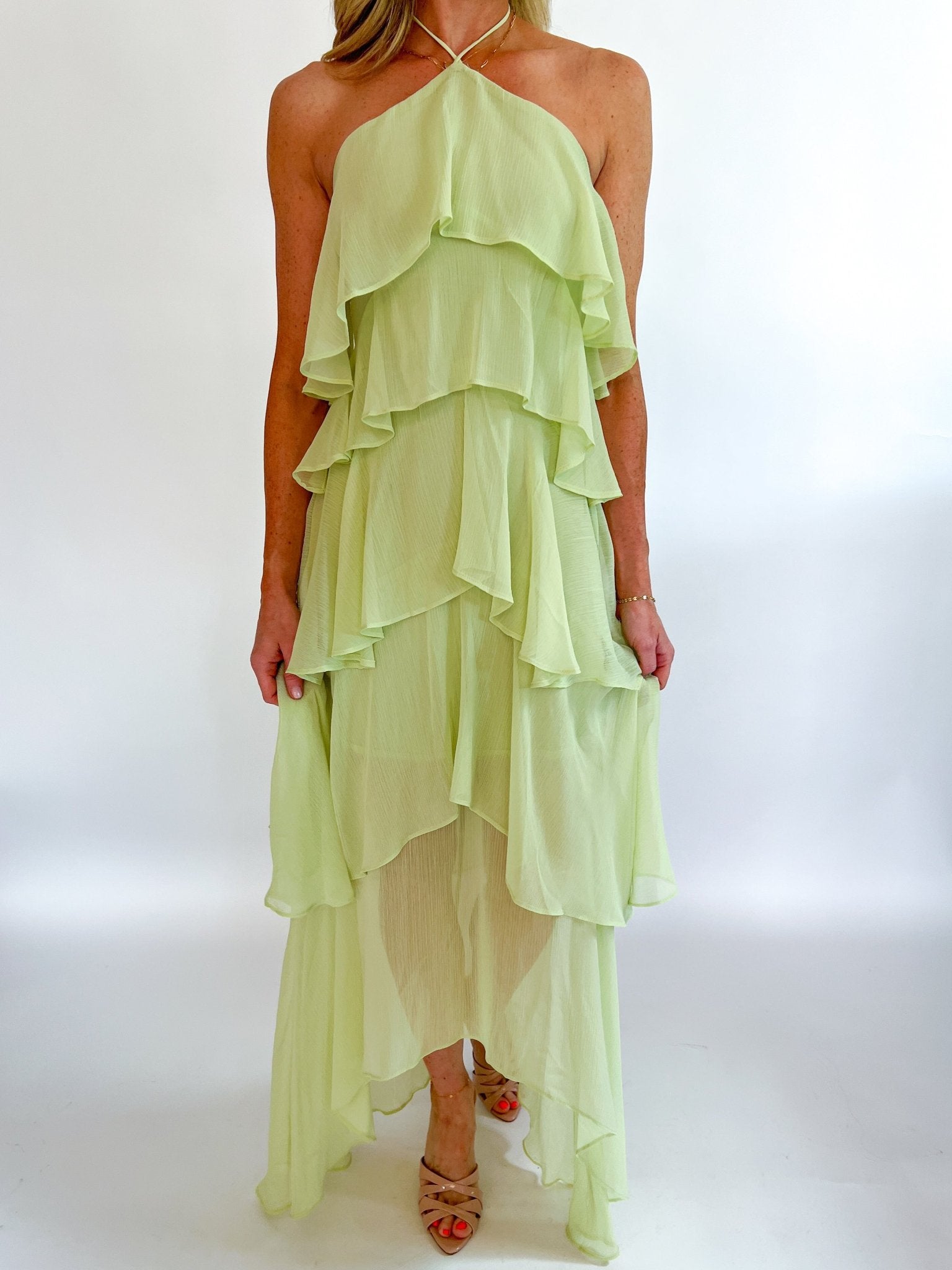 Green halter neck maxi dress with tiered ruffles