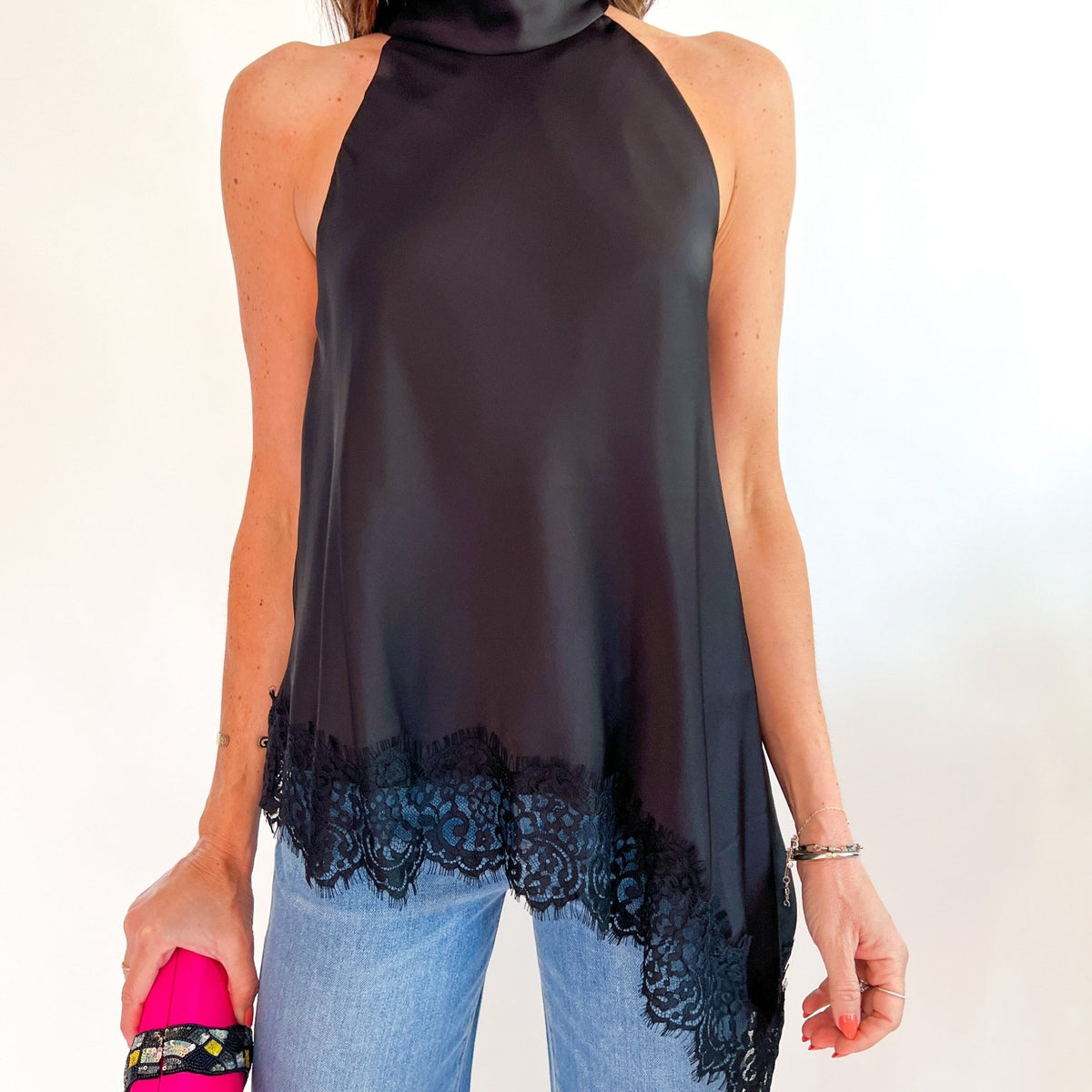 High Neck Asymmetric Lace Top - Swoon Boutique New Orleans