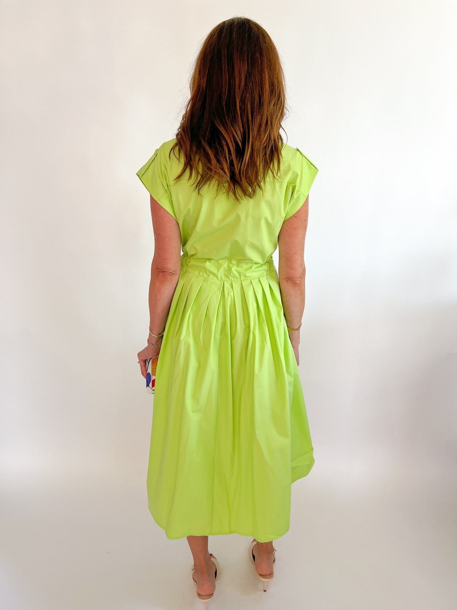 Yellow midi dress with collared neckline and tie belt