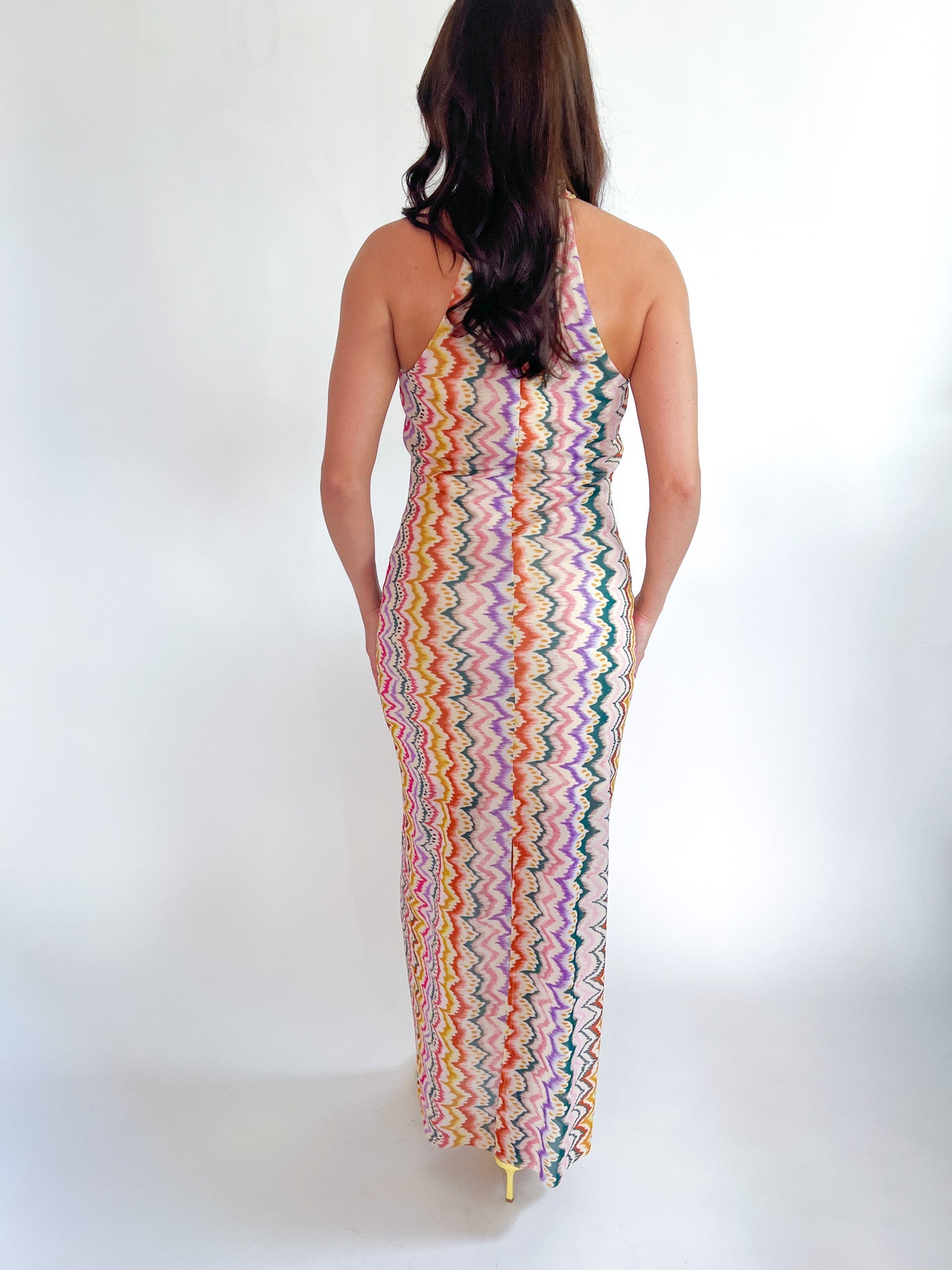 Striped halter maxi dress with body-skimming silhouette