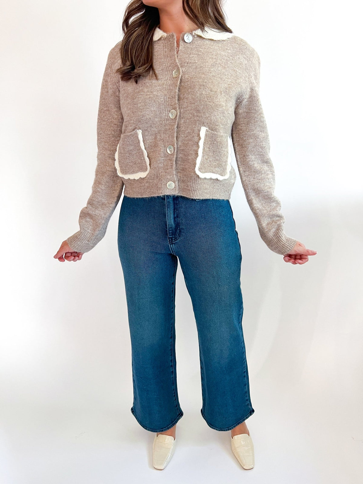 Lovely Collared Cardigan With Patch Pockets - Swoon Boutique New Orleans