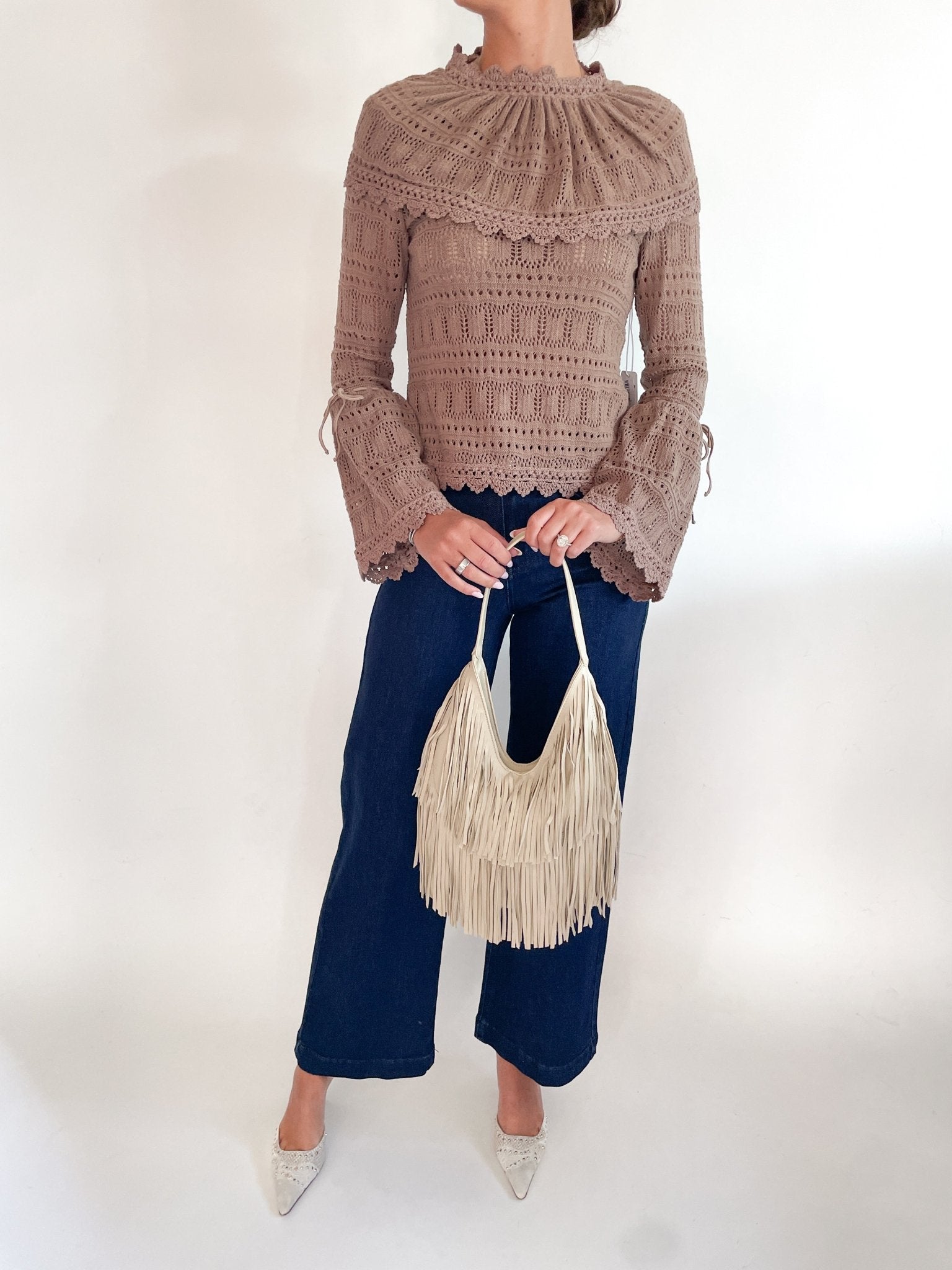 Tan long sleeve pointelle knit top