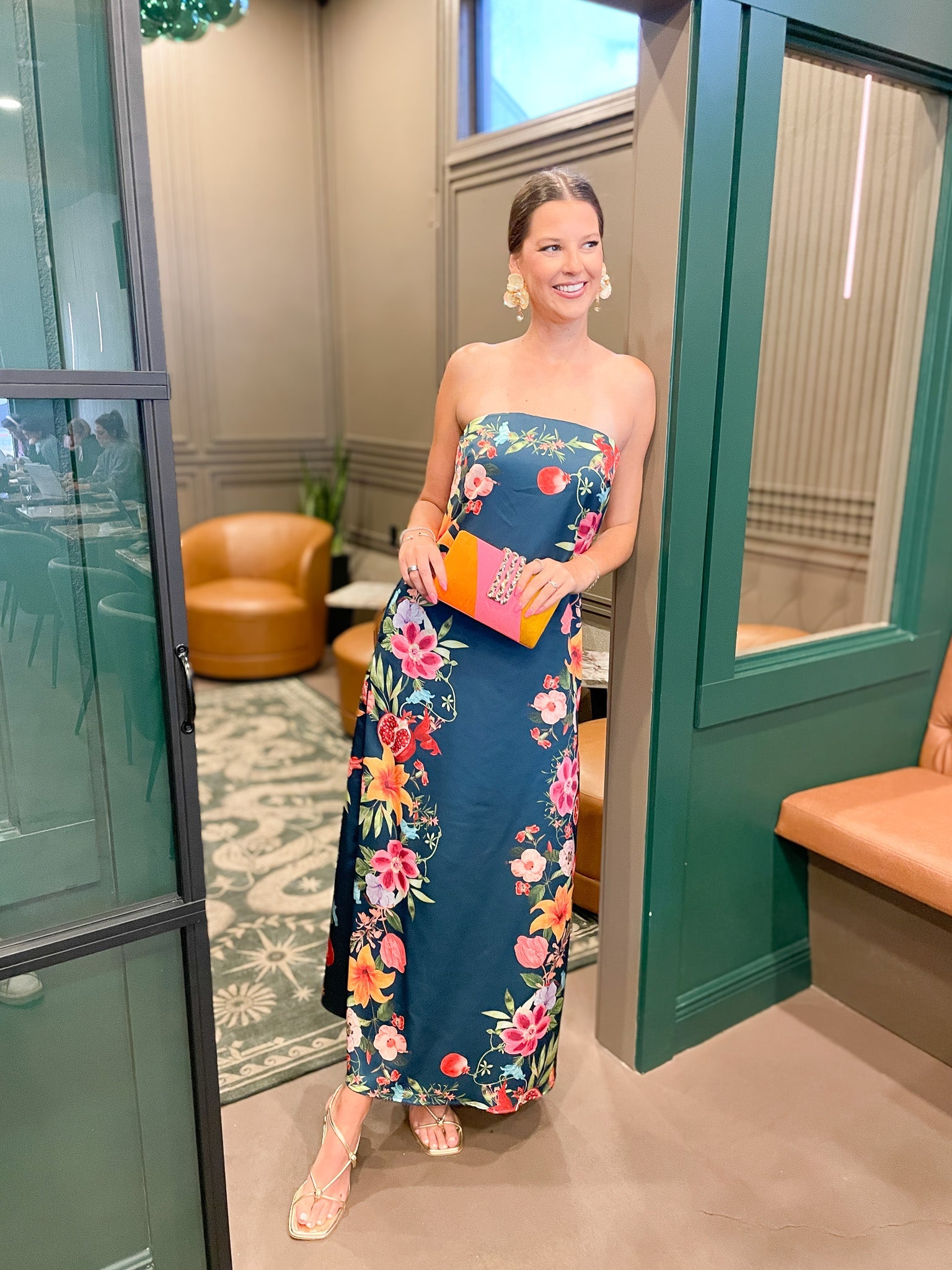 Midnight Garden Strapless Maxi Dress with vibrant floral print in navy