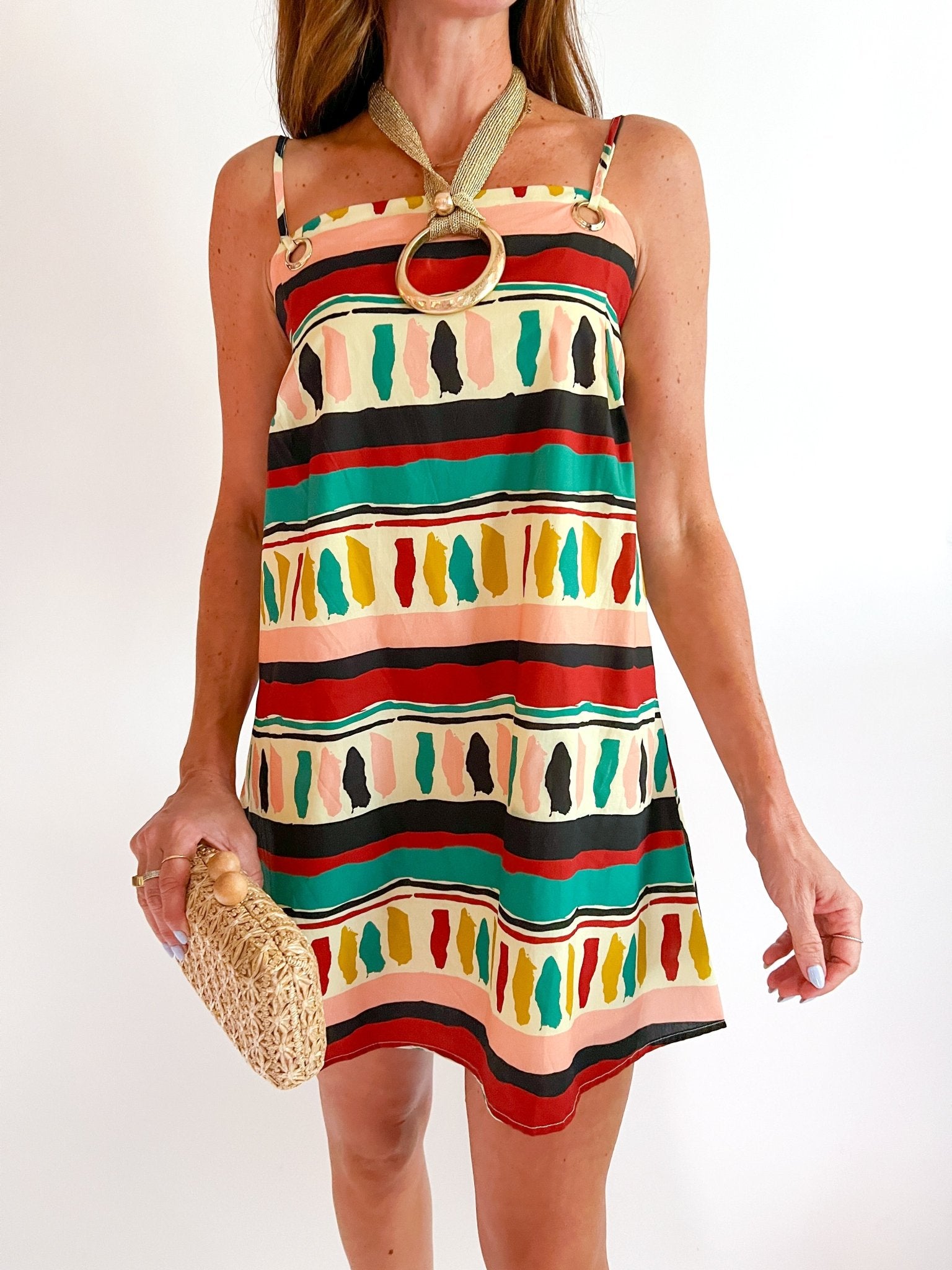 Multi stripe mini dress with gold ring strap accents