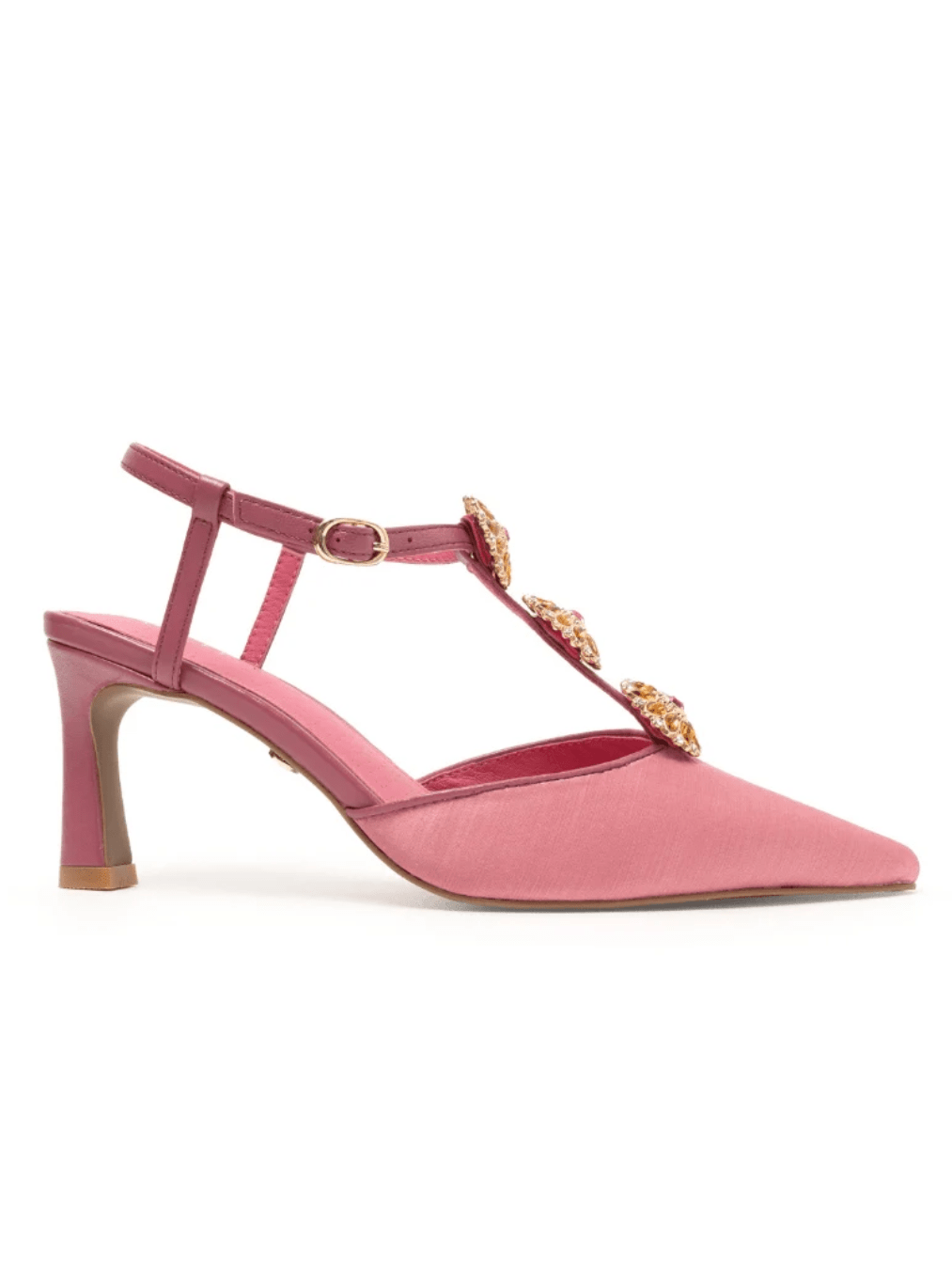 Dark pink satin T-strap heel with jeweled ankle strap