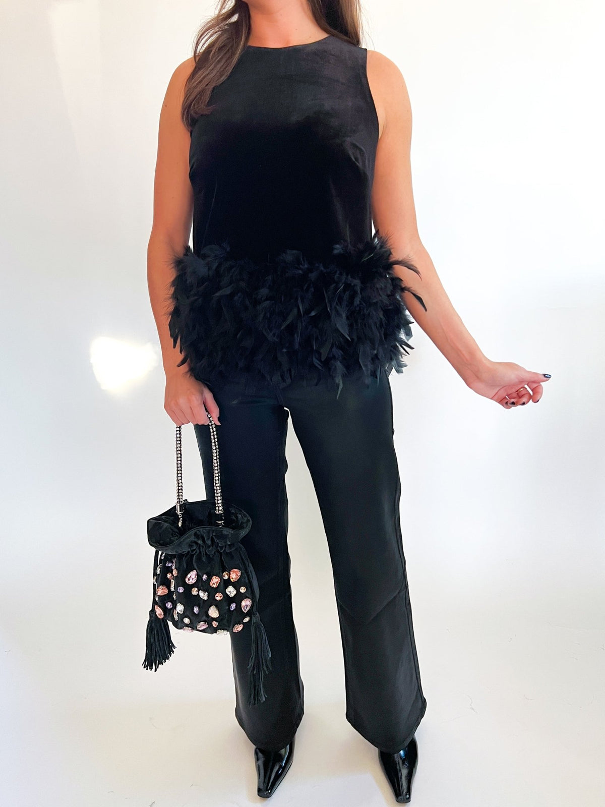 Noella Feather Hem Velvet Tank Top - Swoon Boutique New Orleans