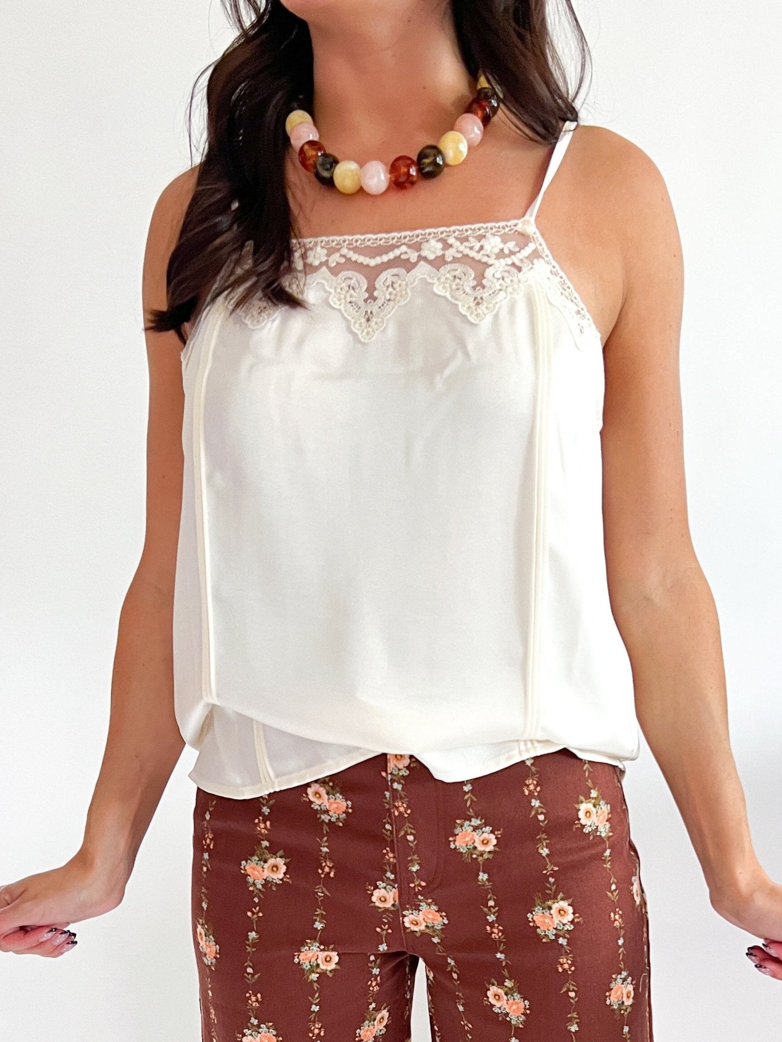 Neutral lace trim cami with adjustable straps