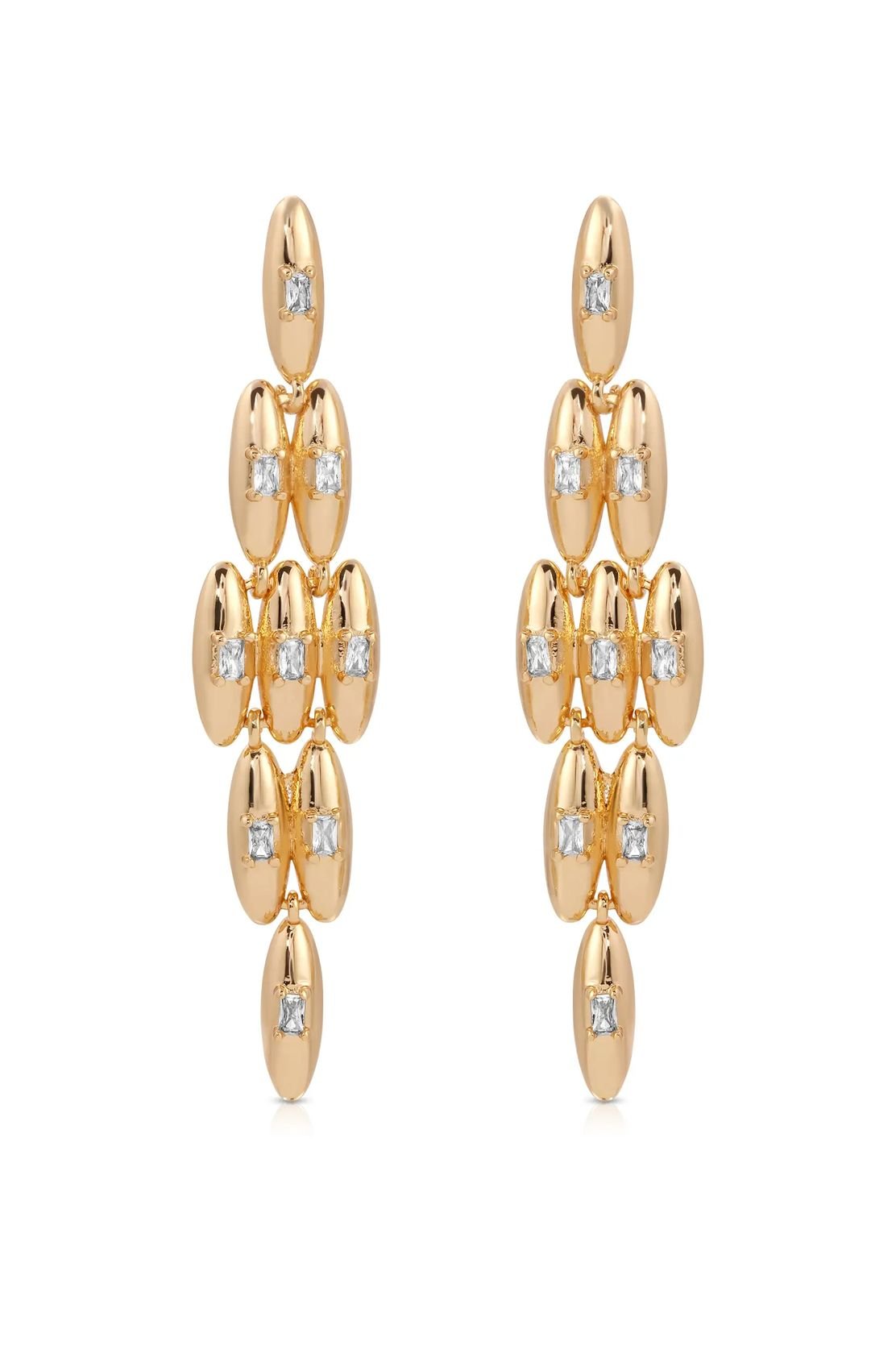 Gold-plated oval dome baguette crystal dangle earrings