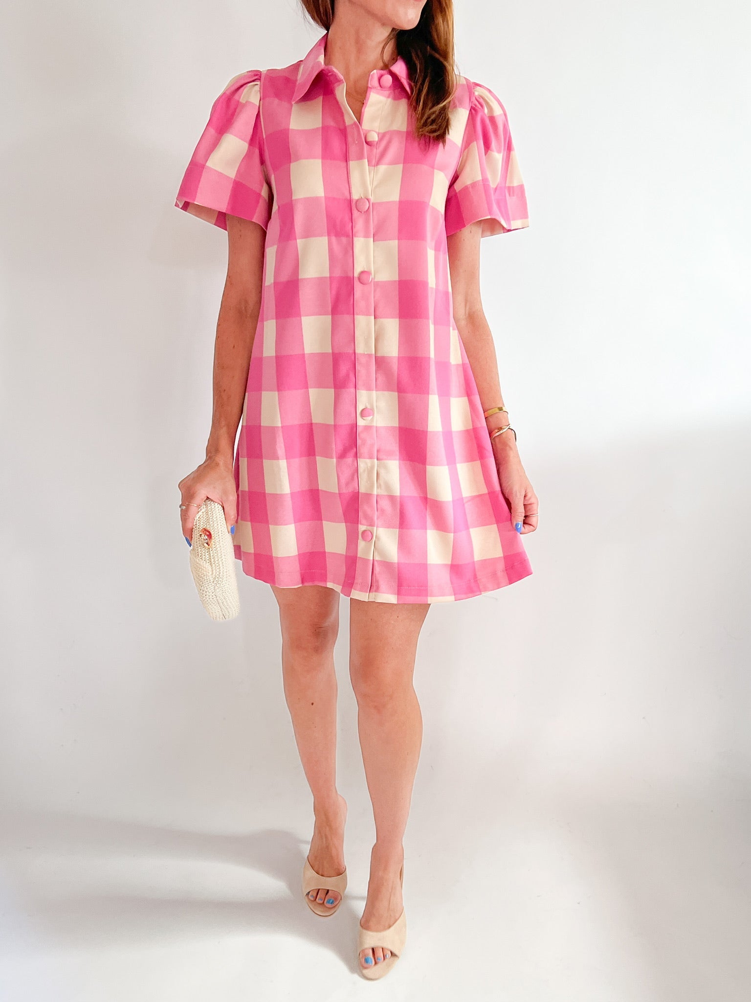 Plaid puff sleeve mini dress with collared button-front
